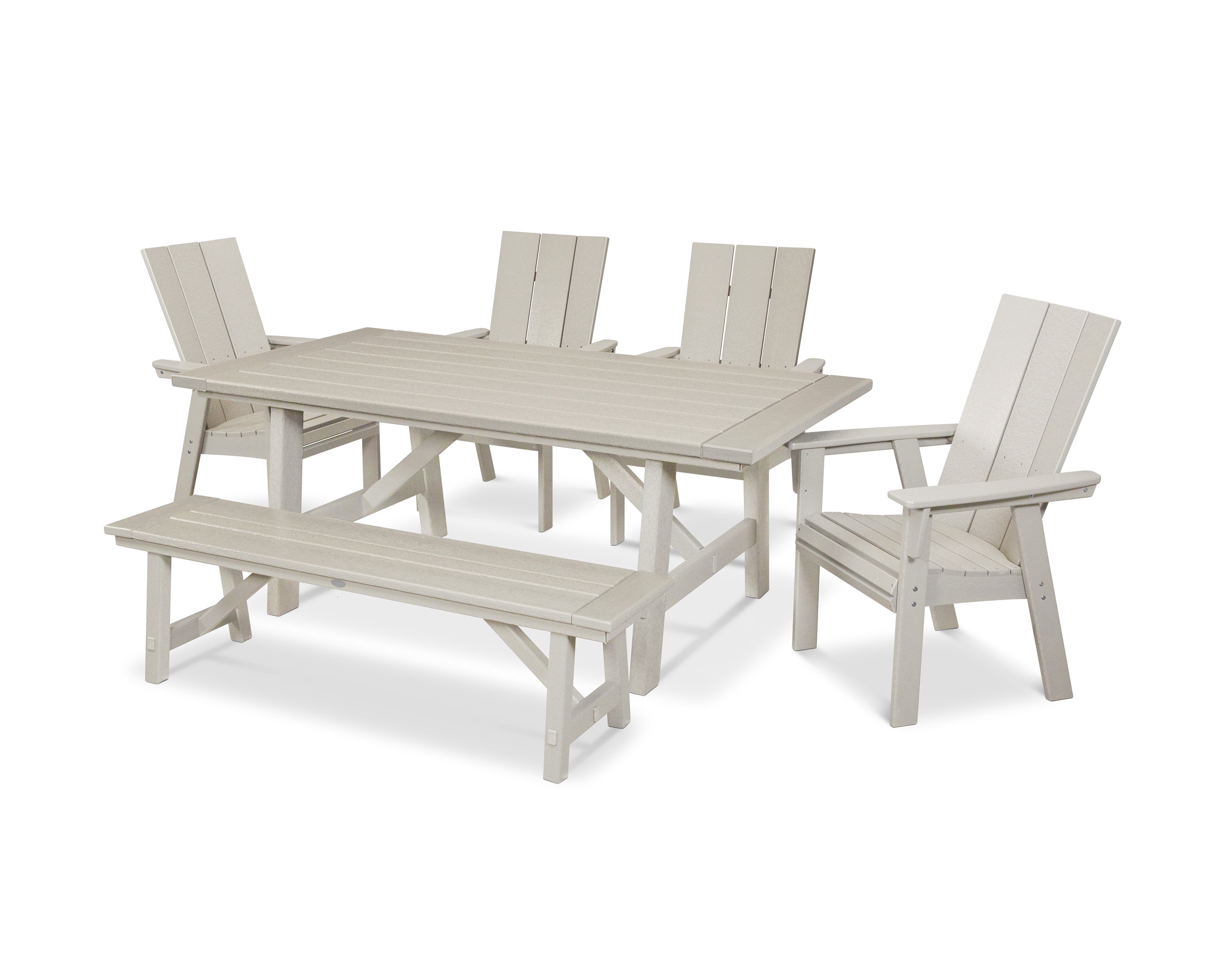 Modern Curveback Adirondack 6-Piece Rustic Farmhouse Dining Set with Bench in Sand