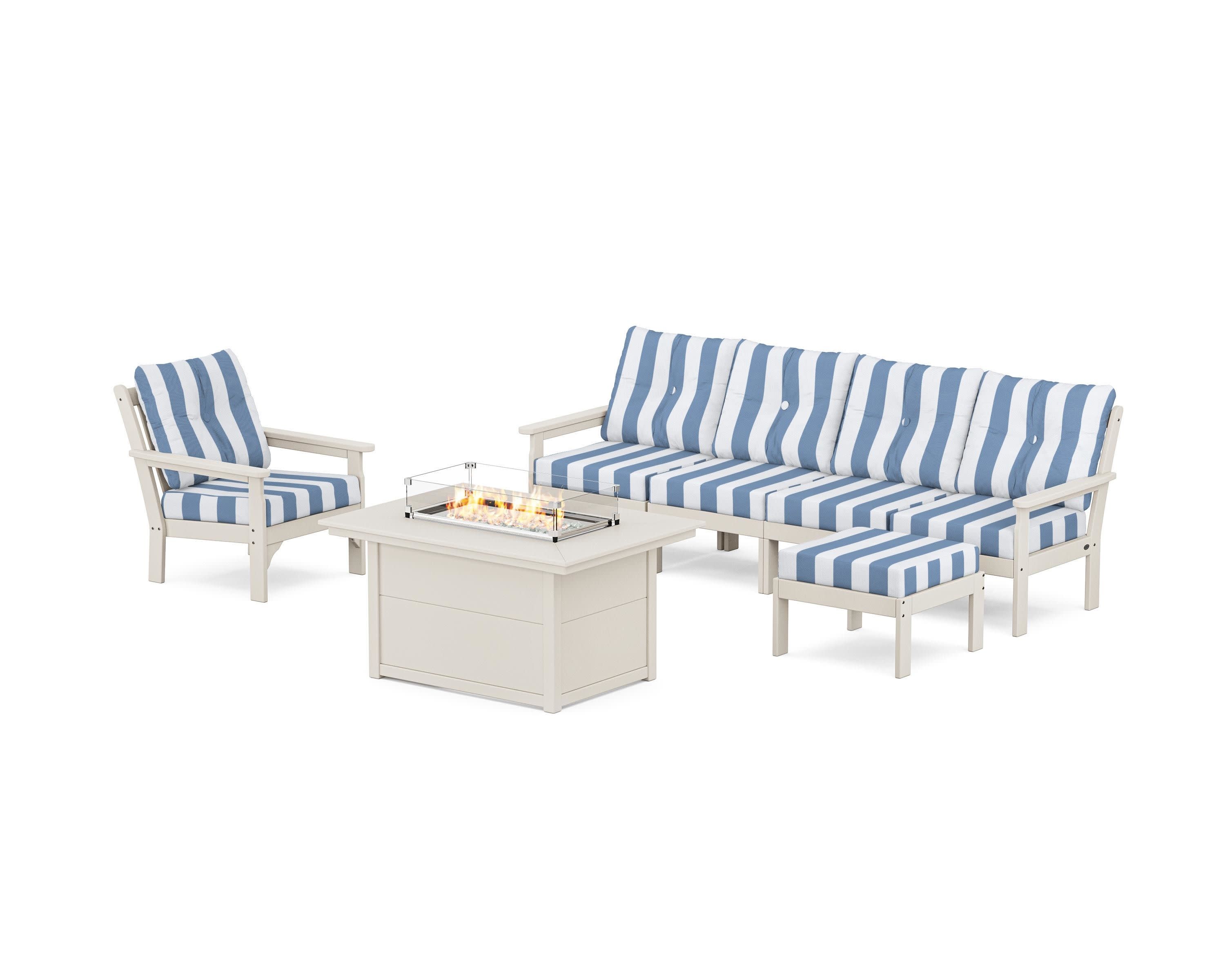 Vineyard Sectional Lounge and Fire Pit Set in Sand / Cabana Stripe Sky Blue