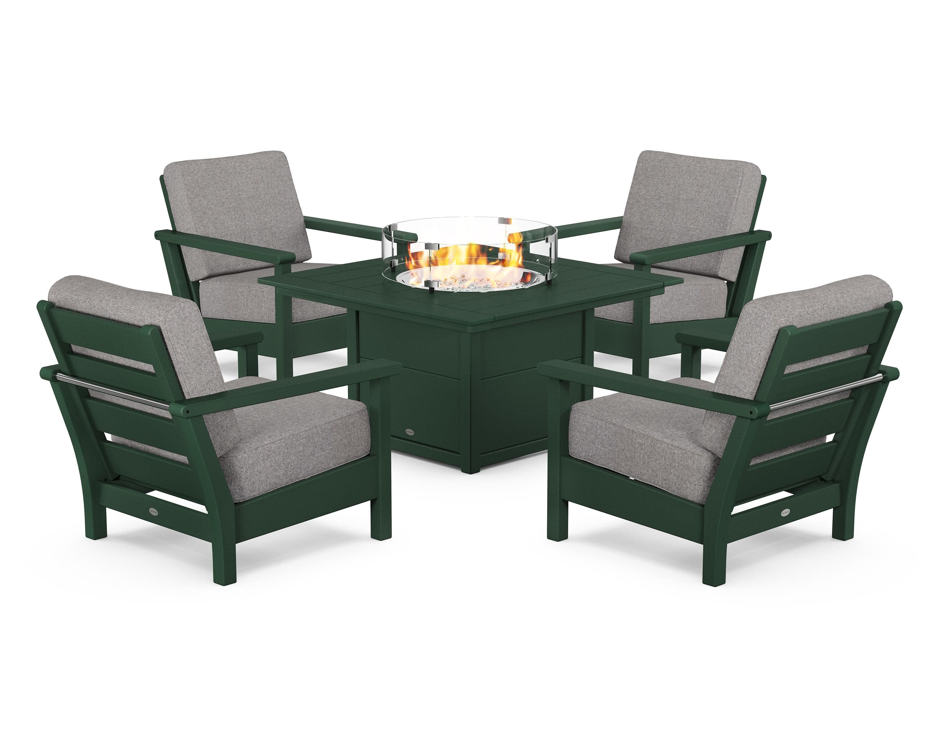 Harbour 5-Piece Conversation Set with Fire Pit Table in Green / Grey Mist