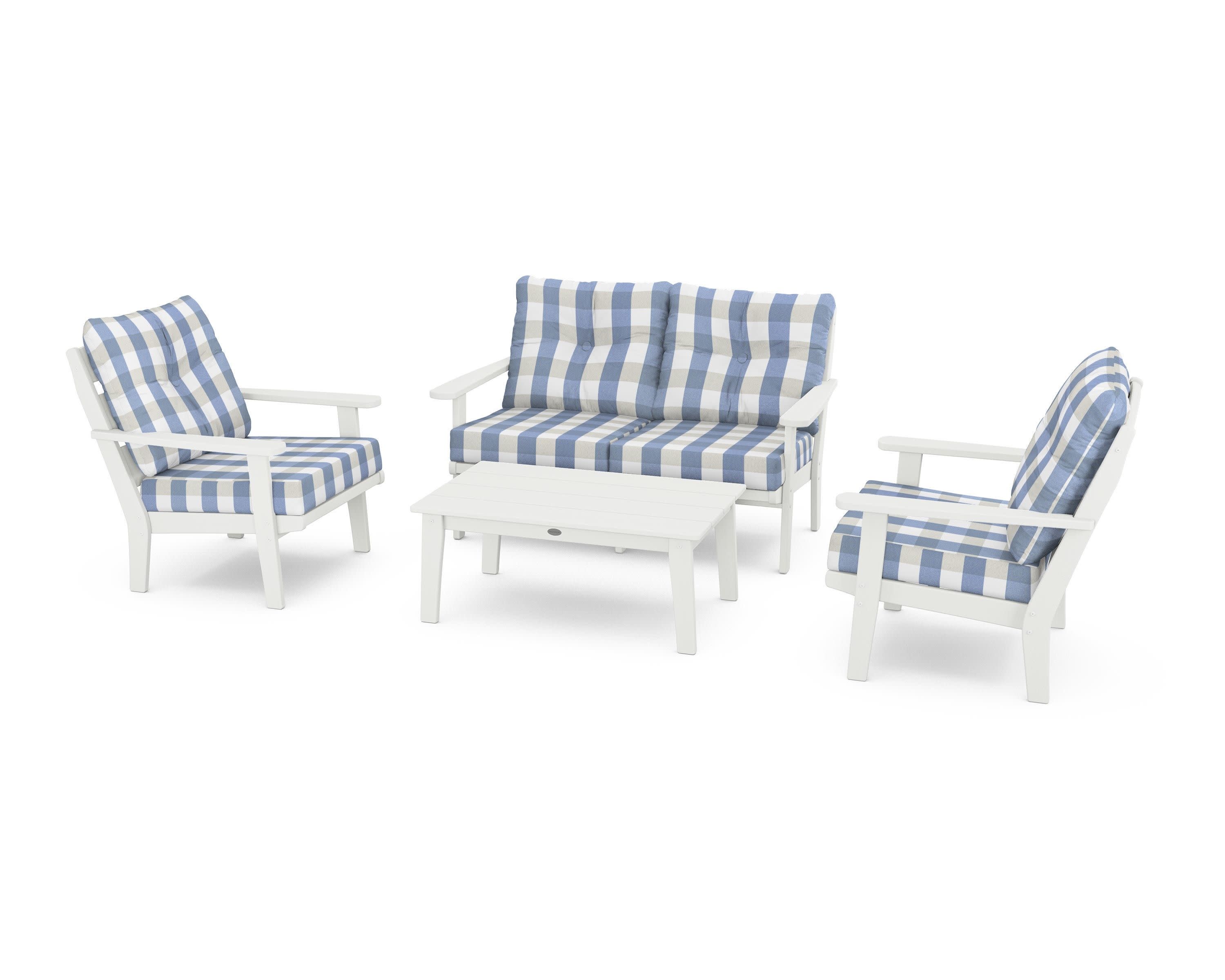 Lakeside 4-Piece Deep Seating Set in Vintage White / Buffalo Plaid Sky Blue