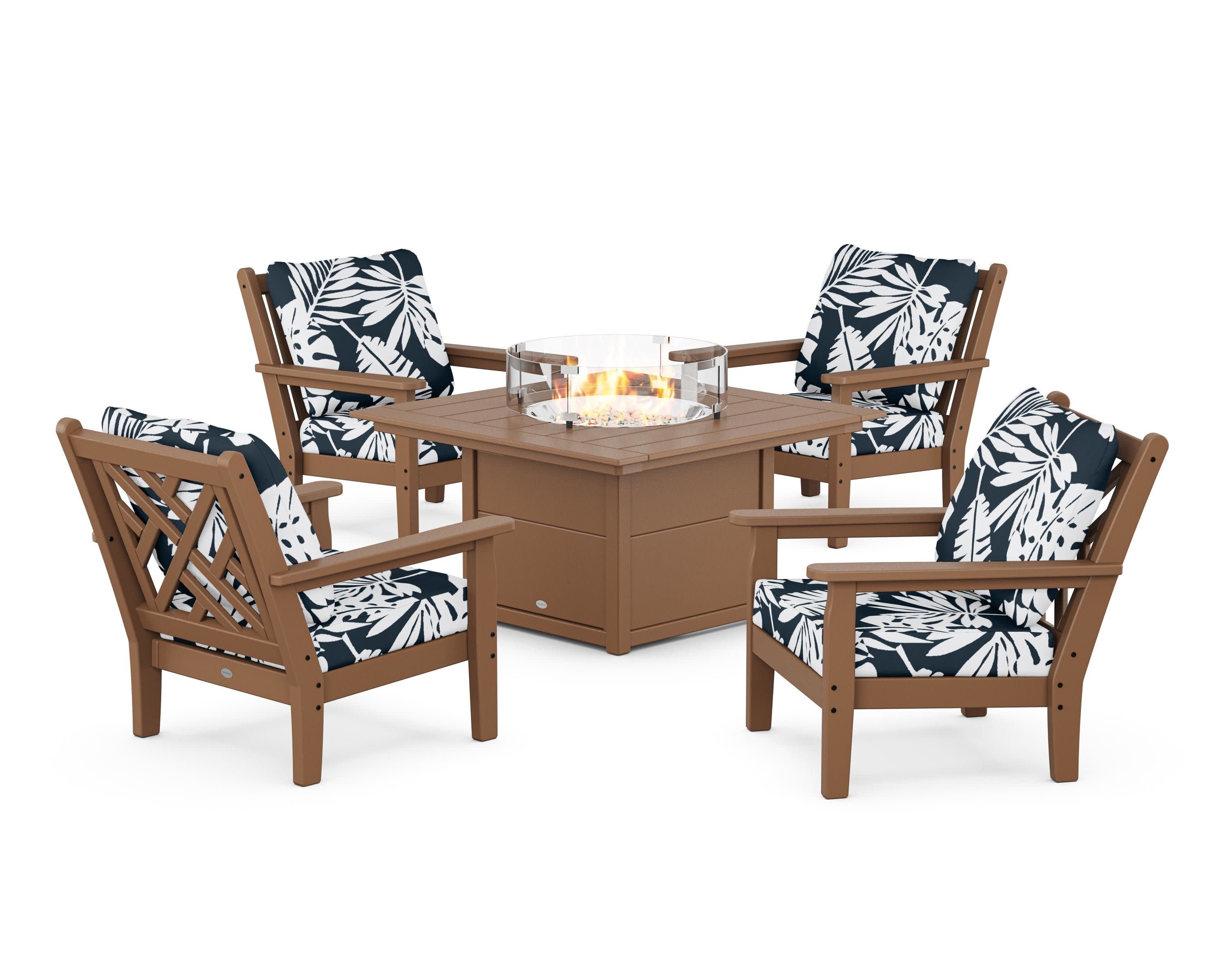 Chippendale 5-Piece Deep Seating Set with Fire Pit Table in Teak / Leaf Marine Indigo