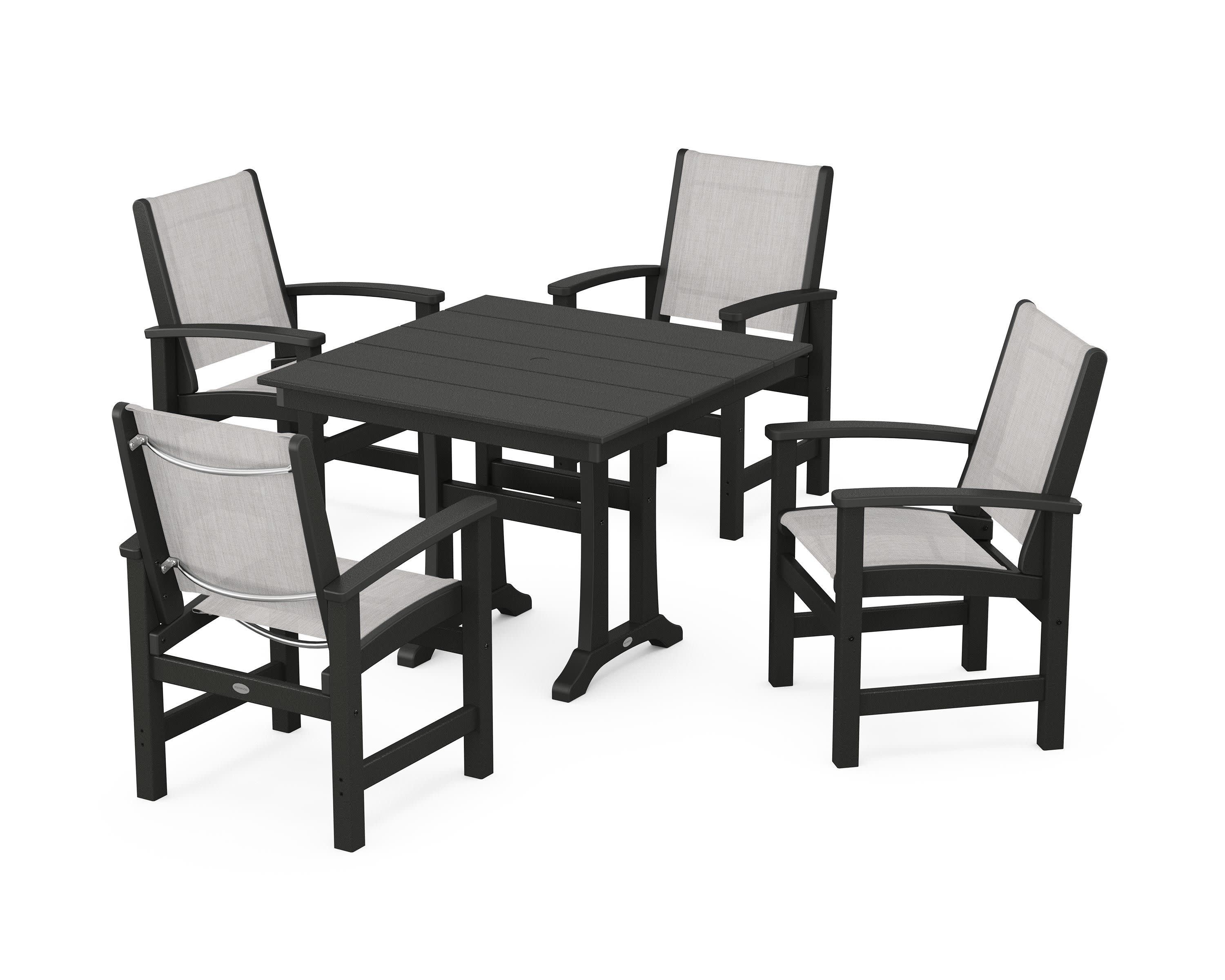 Coastal 5-Piece Farmhouse Dining Set With Trestle Legs in Black / Parchment Sling