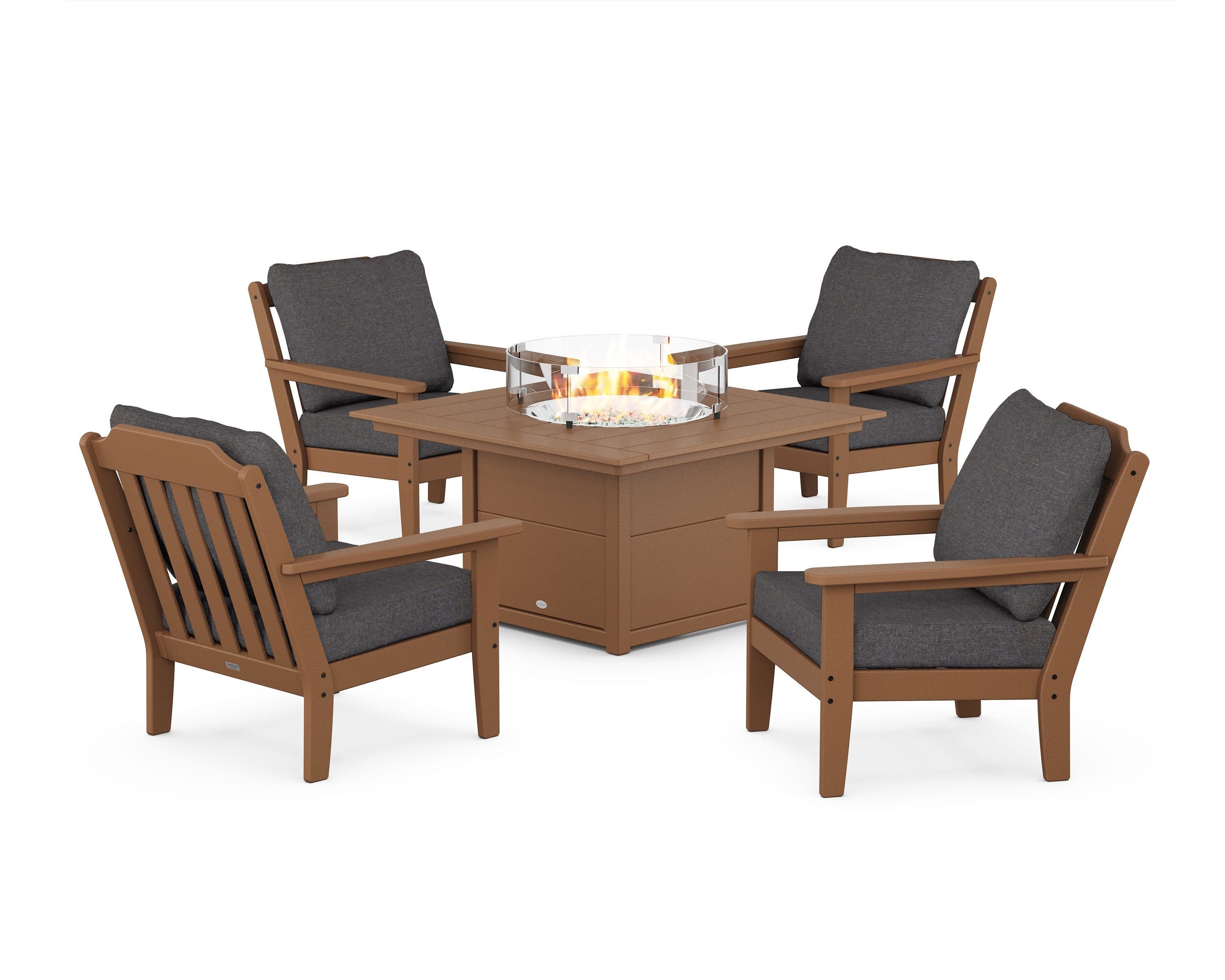Cottage 5-Piece Deep Seating Set with Fire Pit Table in Teak / Ash Charcoal