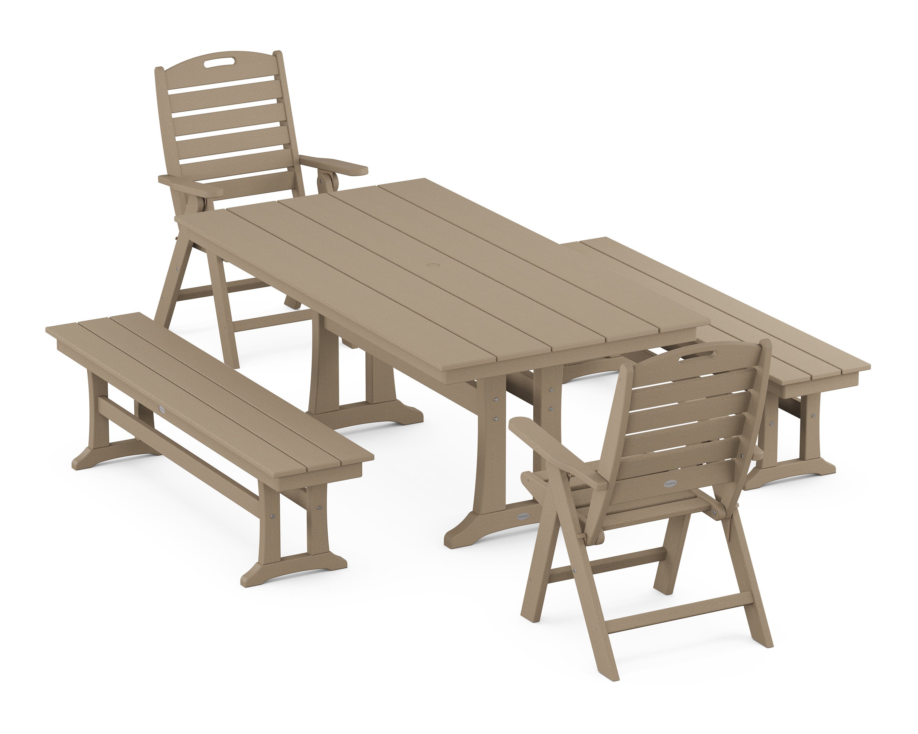 Nautical Folding Highback Chair 5-Piece Farmhouse Dining Set With Trestle Legs and Benches in Vintage Sahara