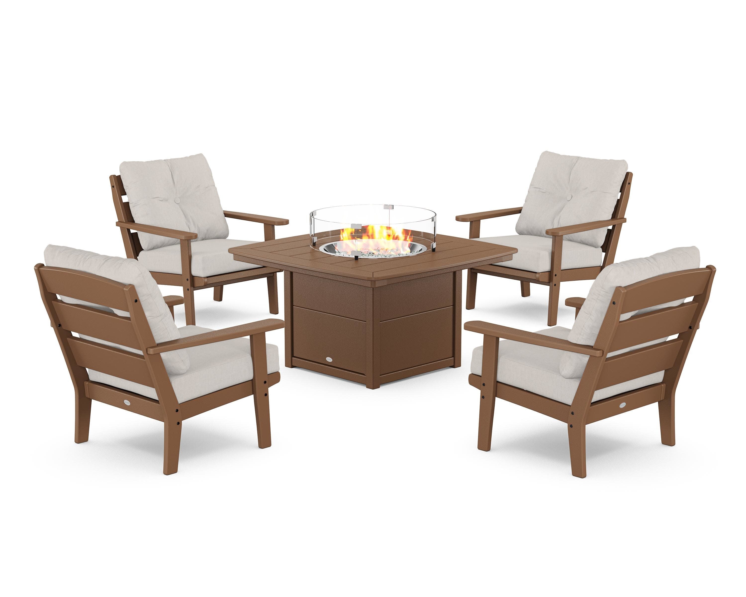 Lakeside 5-Piece Deep Seating Set with Nautical Fire Pit Table in Teak / Cast Ash