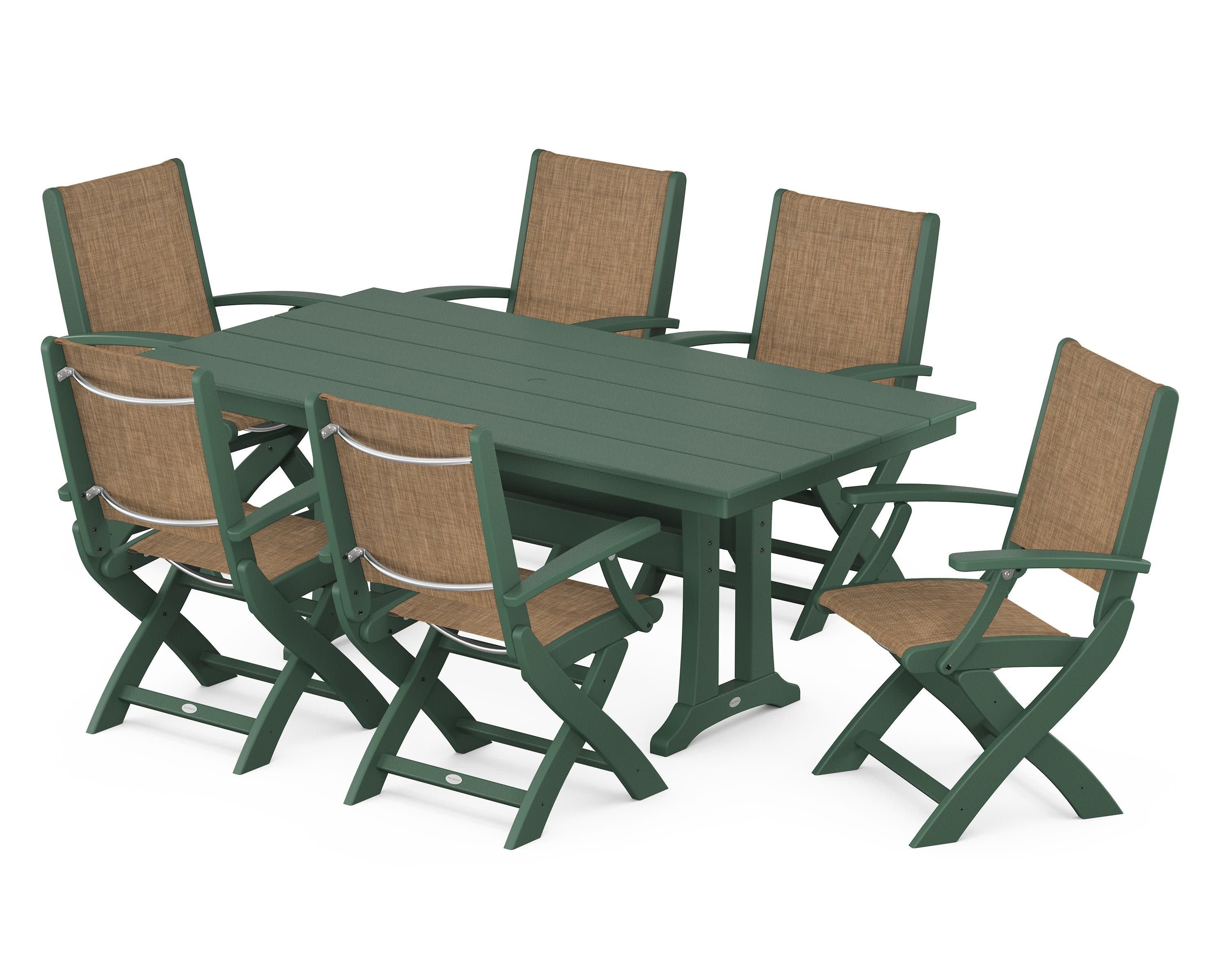 Coastal Folding Arm Chair 7-Piece Farmhouse Dining Set with Trestle Legs in Green / Burlap Sling