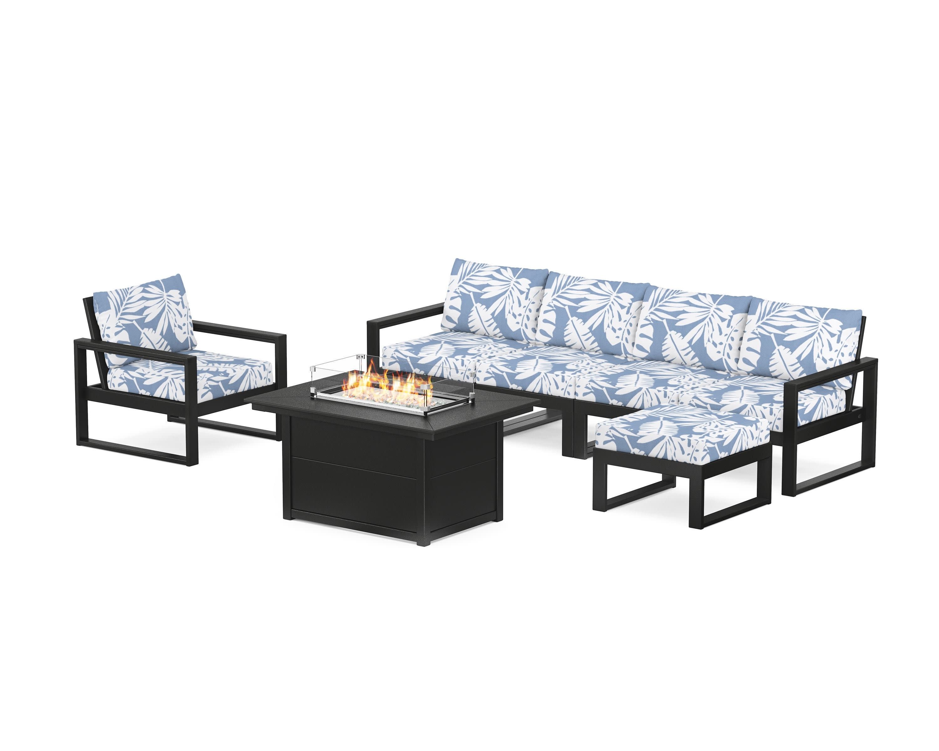 EDGE Sectional Lounge and Fire Pit Set in Black / Leaf Sky Blue