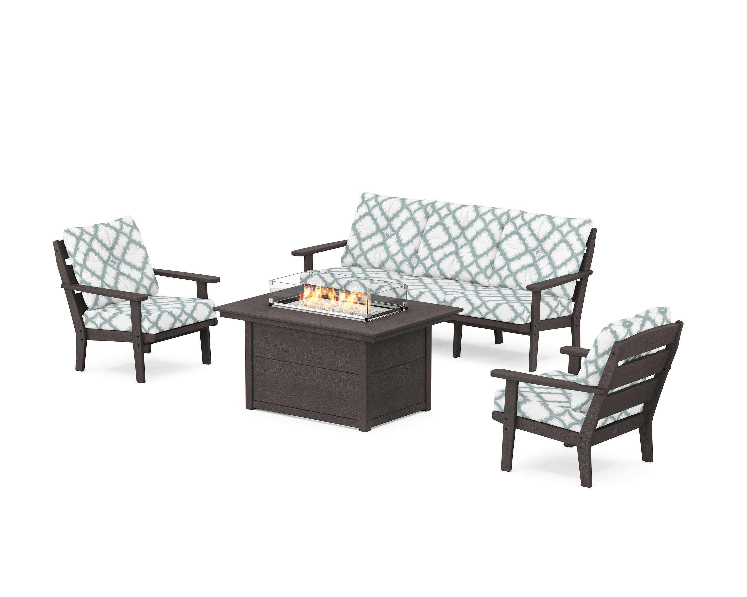 Lakeside Deep Seating Fire Pit Table Set in Vintage Coffee / Trellis Glacier Spa