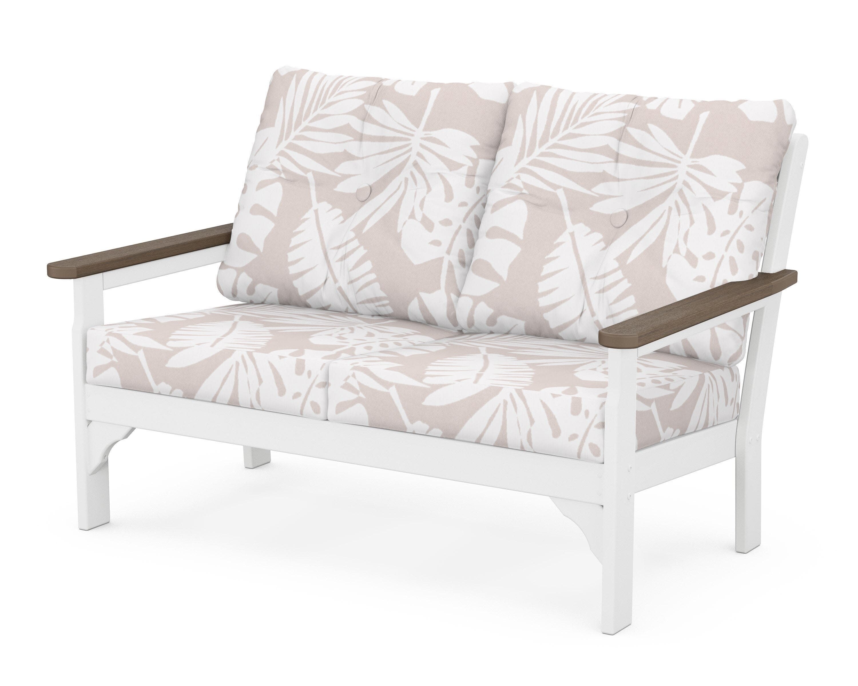 Vineyard Deep Seating Loveseat in White / Kona / Leaf Dune Burlap