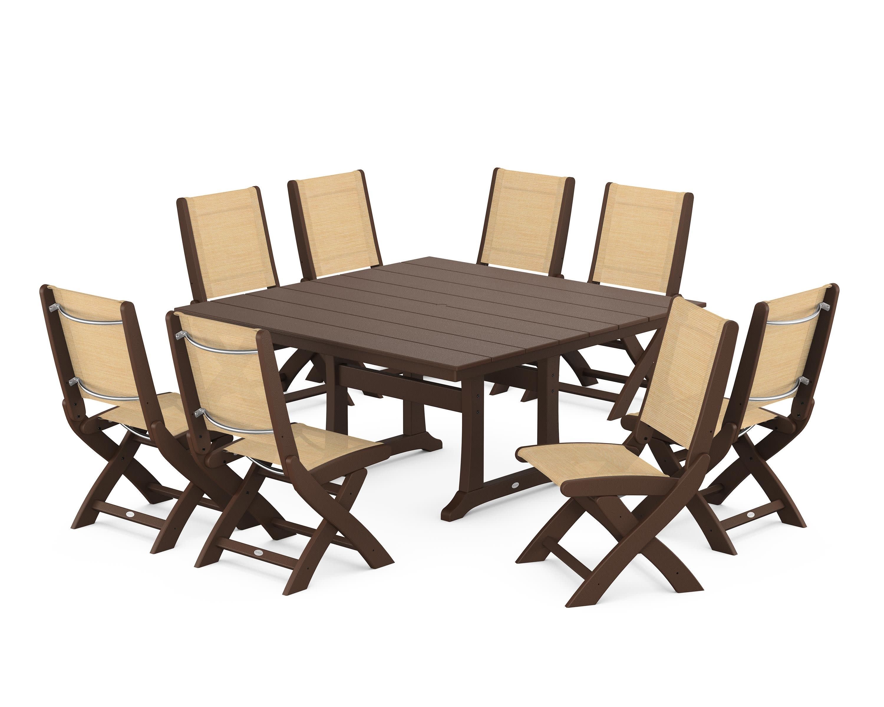 Coastal Folding Side Chair 9-Piece Farmhouse Dining Set in Mahogany / Dupioni Apricot Sling