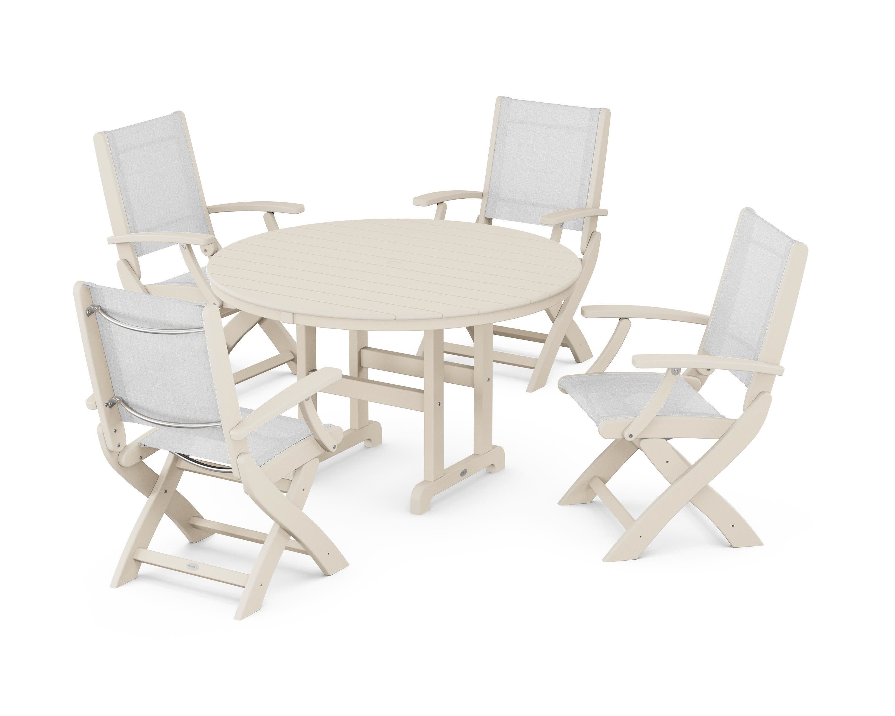 Coastal Folding Chair 5-Piece Round Dining Set in Sand / White Sling