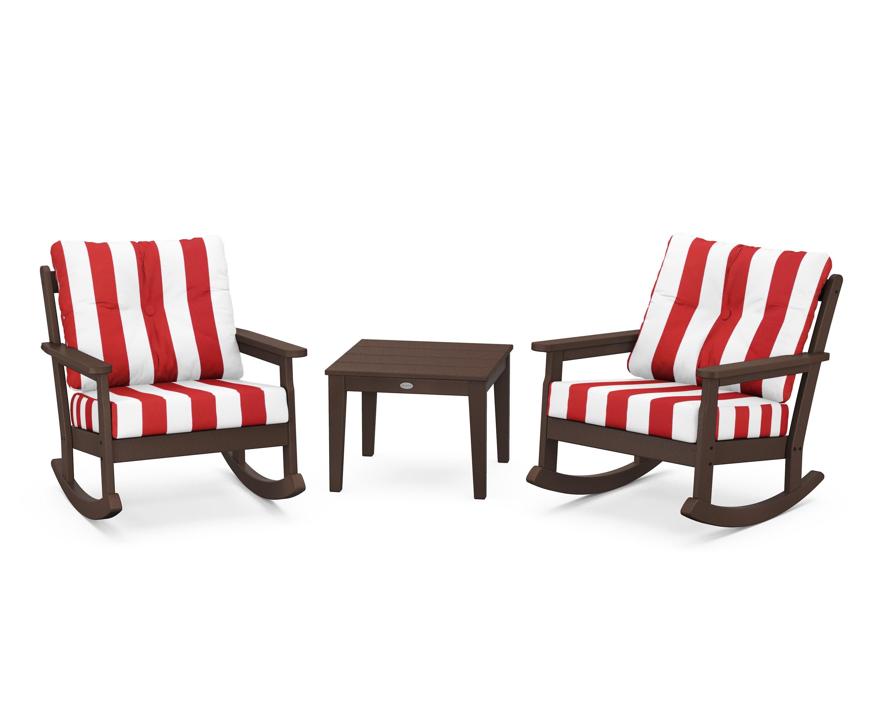 Vineyard 3-Piece Deep Seating Rocker Set in Mahogany / Cabana Stripe Crimson