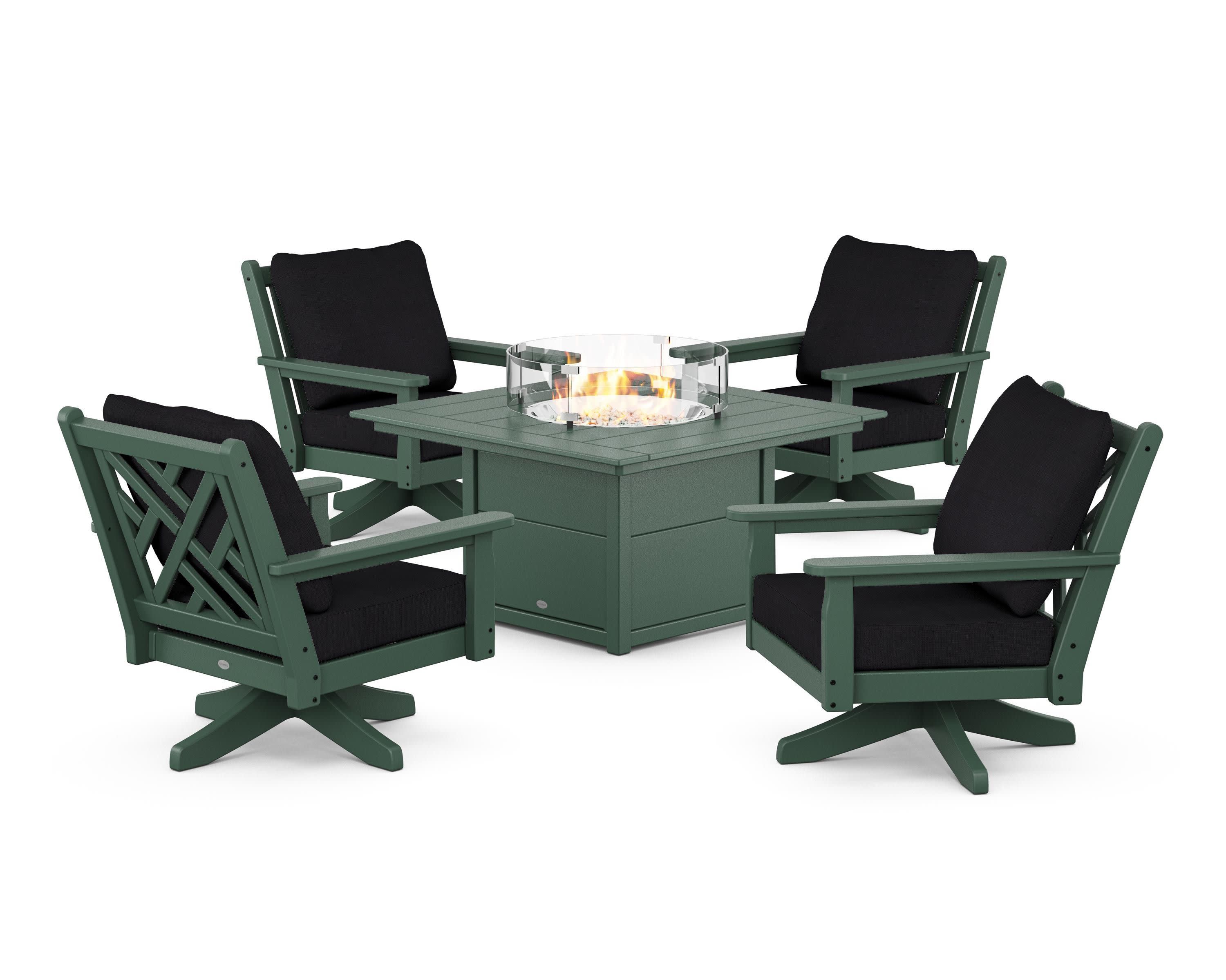 Chippendale 5-Piece Deep Seating Swivel Conversation Set with Fire Pit Table in Green / Midnight Linen