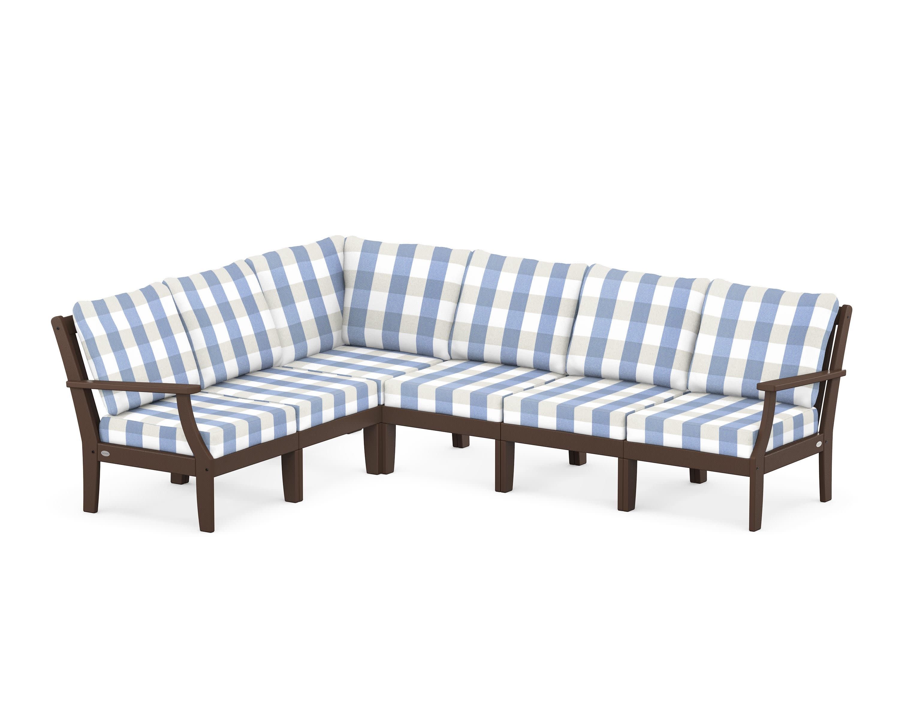 Braxton Modular 6-Piece Deep Seating Set in Mahogany / Buffalo Plaid Sky Blue