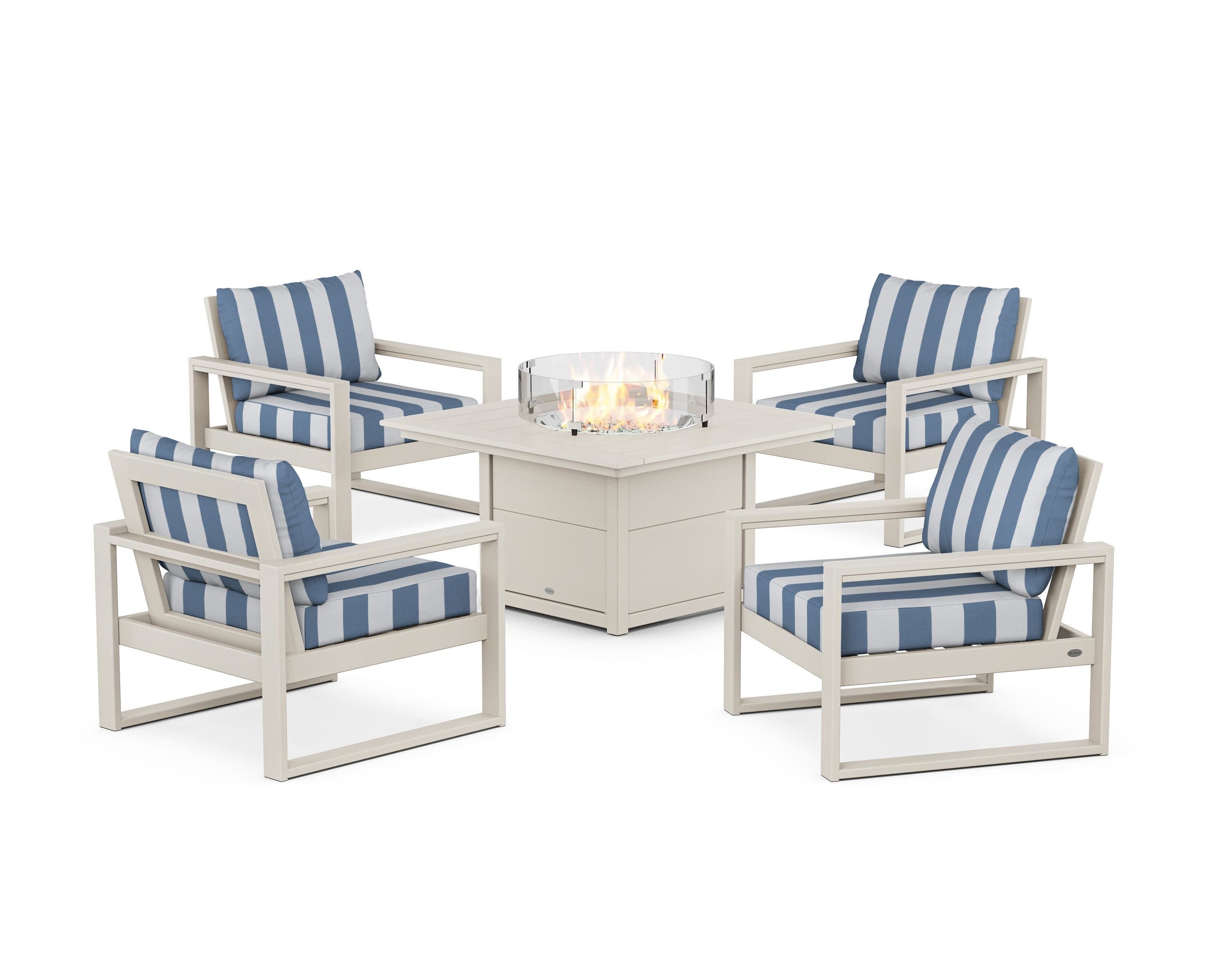 EDGE Sectional 5-Piece Deep Seating Set with Fire Pit Table in Sand / Cabana Stripe Sky Blue