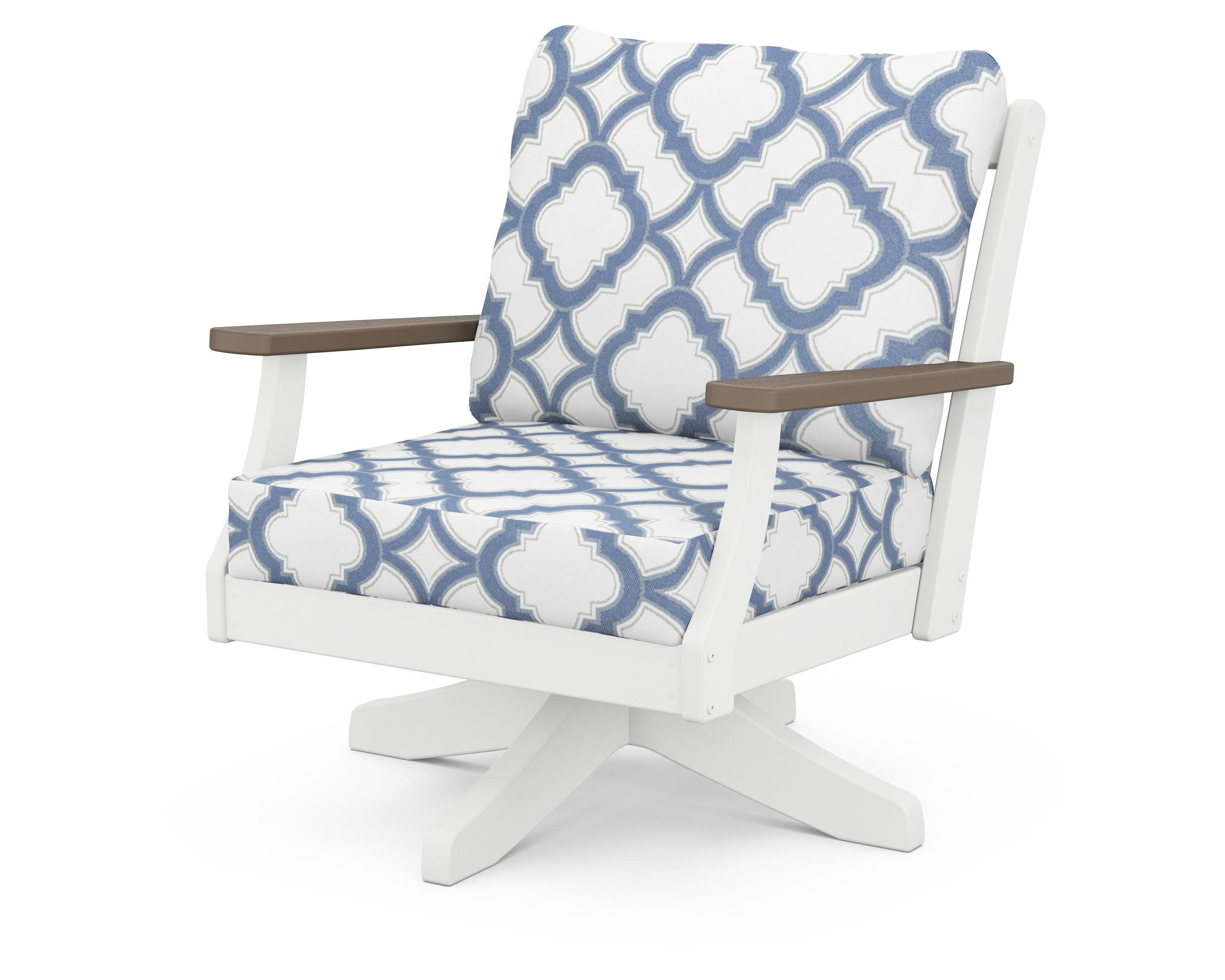 Braxton Deep Seating Swivel Chair in White / Kona / Trellis Sky Blue