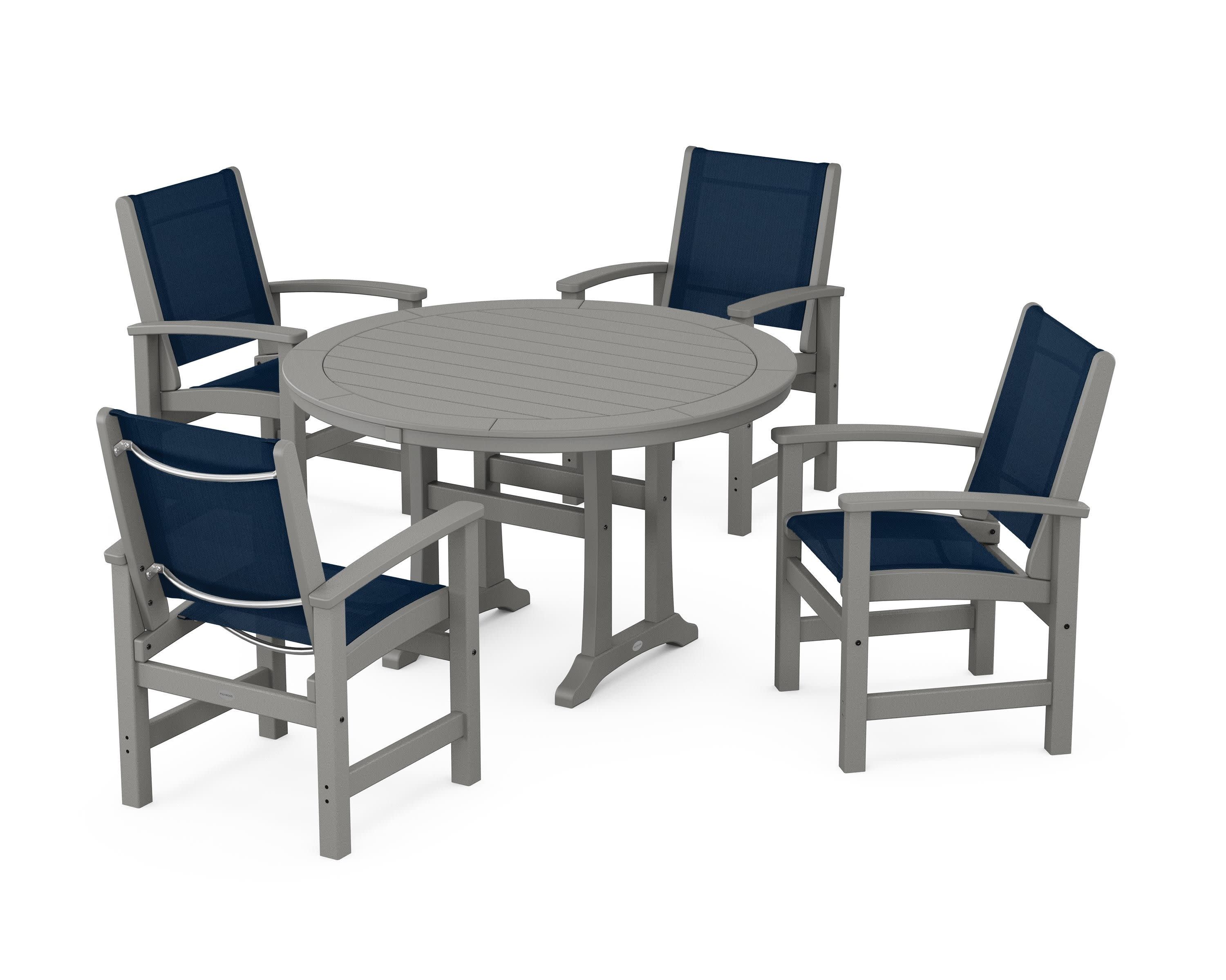 Coastal 5-Piece Round Dining Set with Trestle Legs in Slate Grey / Navy Blue Sling