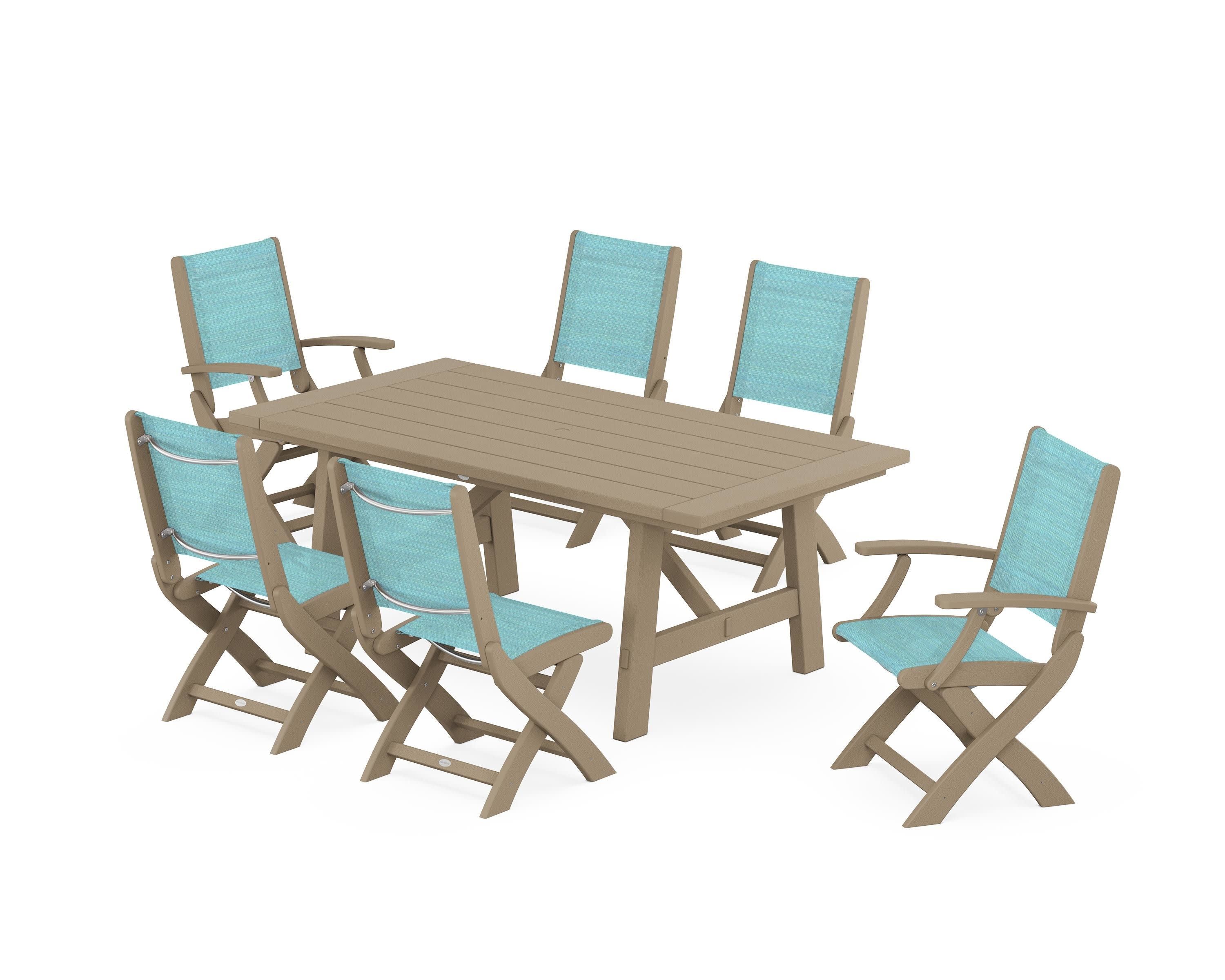 Coastal Folding Chair 7-Piece Rustic Farmhouse Dining Set in Vintage Sahara / Dupioni Aquamarine Sling