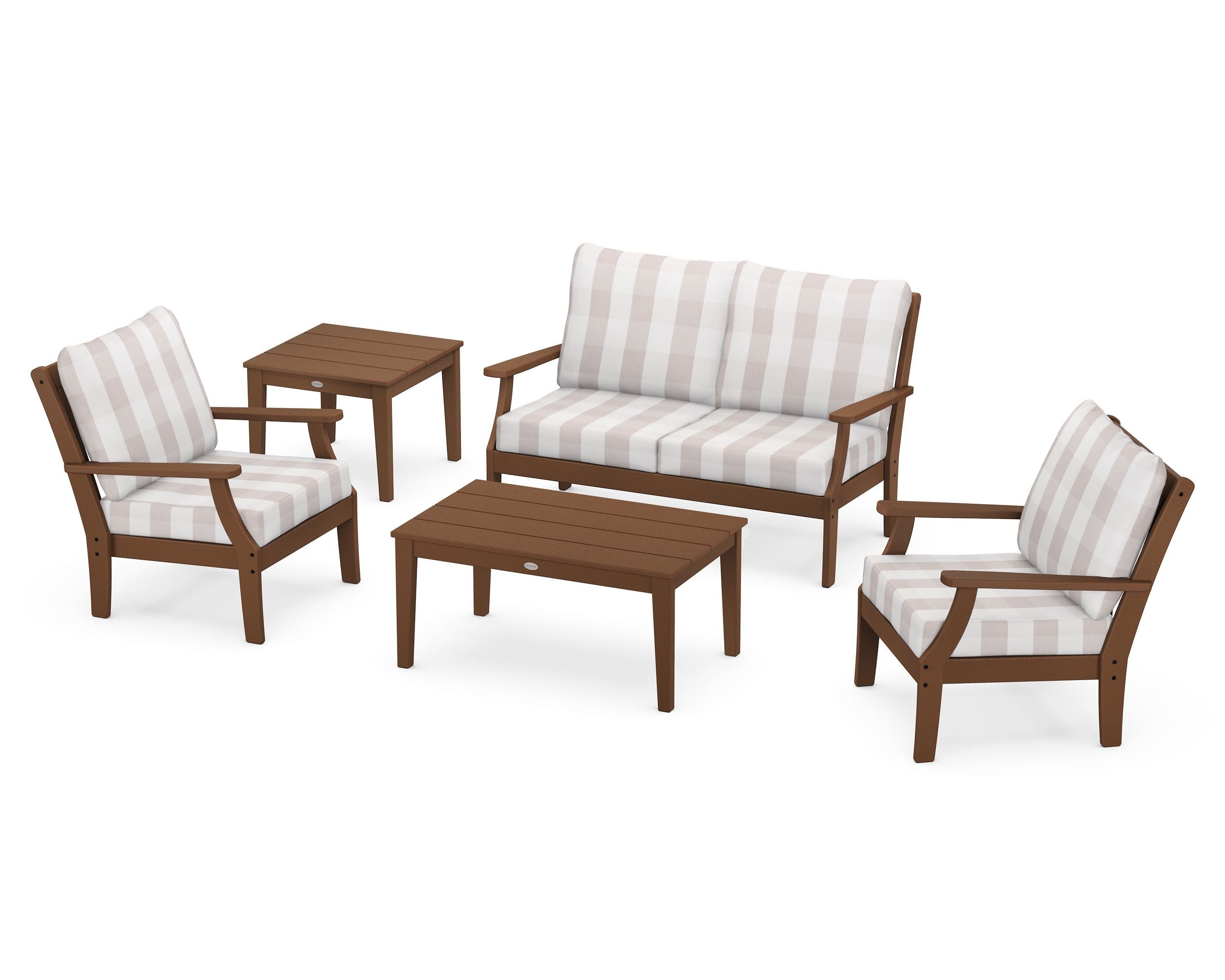 Braxton 5-Piece Deep Seating Set in Teak / Buffalo Plaid Dune Burlap