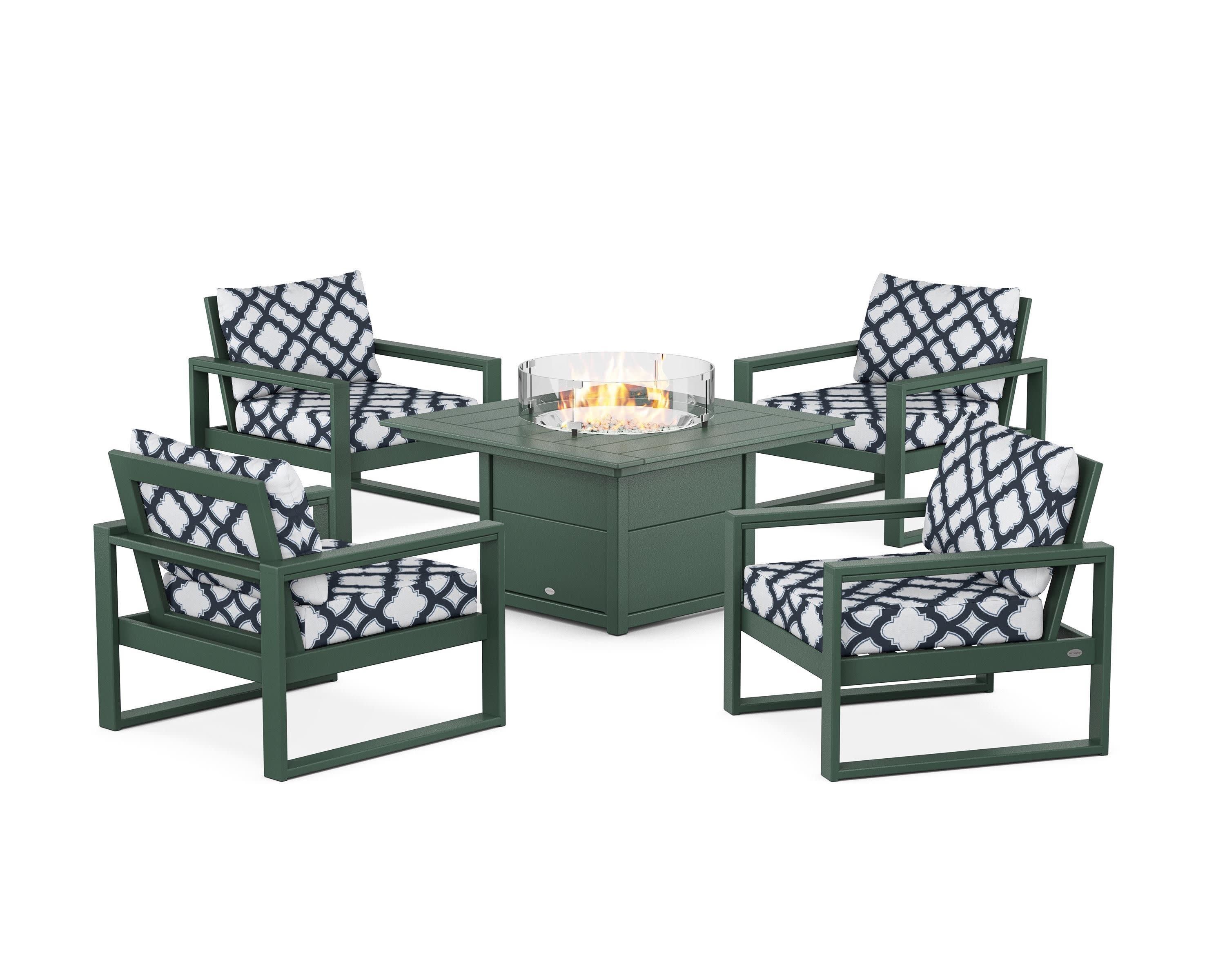EDGE Sectional 5-Piece Deep Seating Set with Fire Pit Table in Green / Trellis Marine Indigo