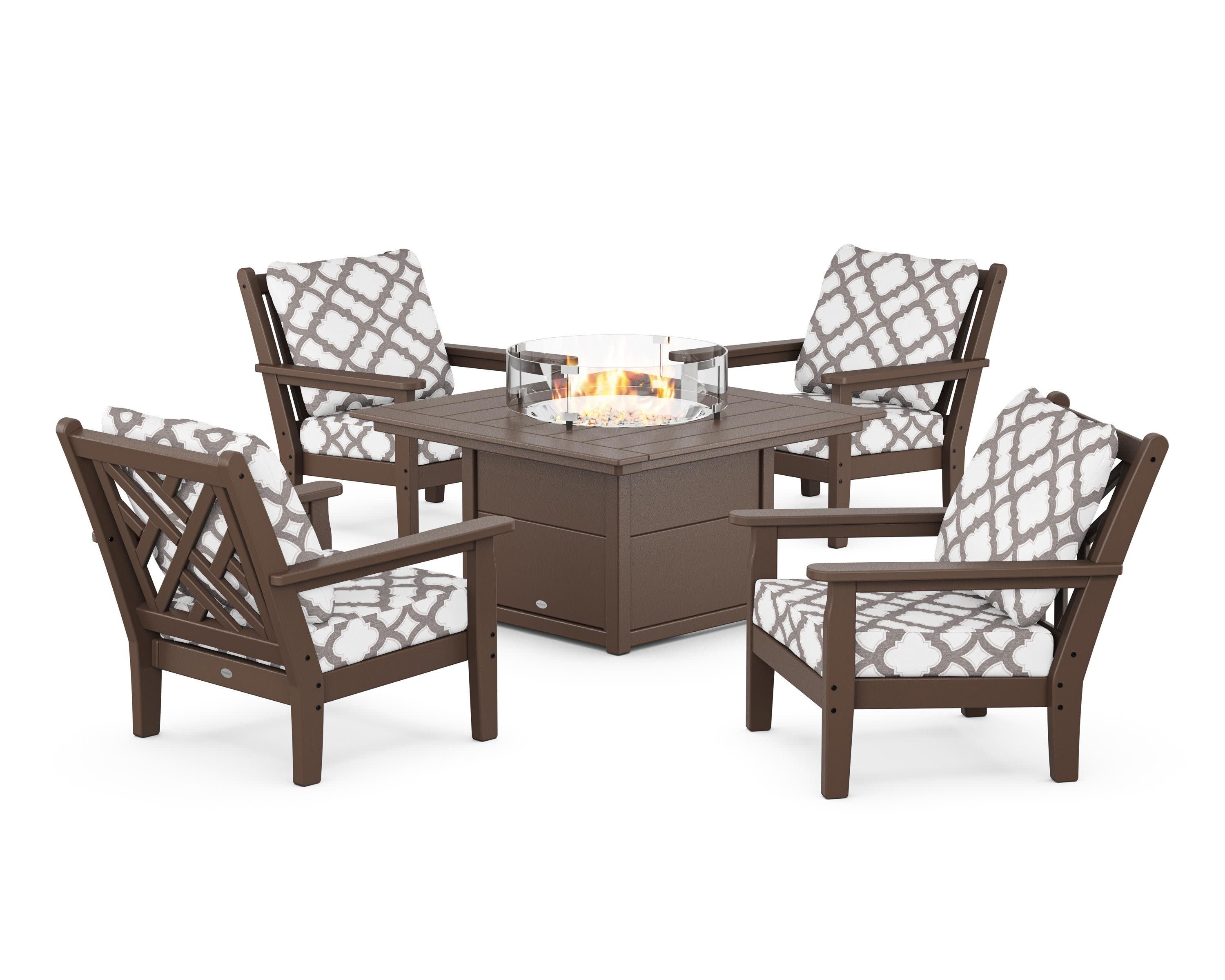 Chippendale 5-Piece Deep Seating Set with Fire Pit Table in Mahogany / Trellis Grey Mist