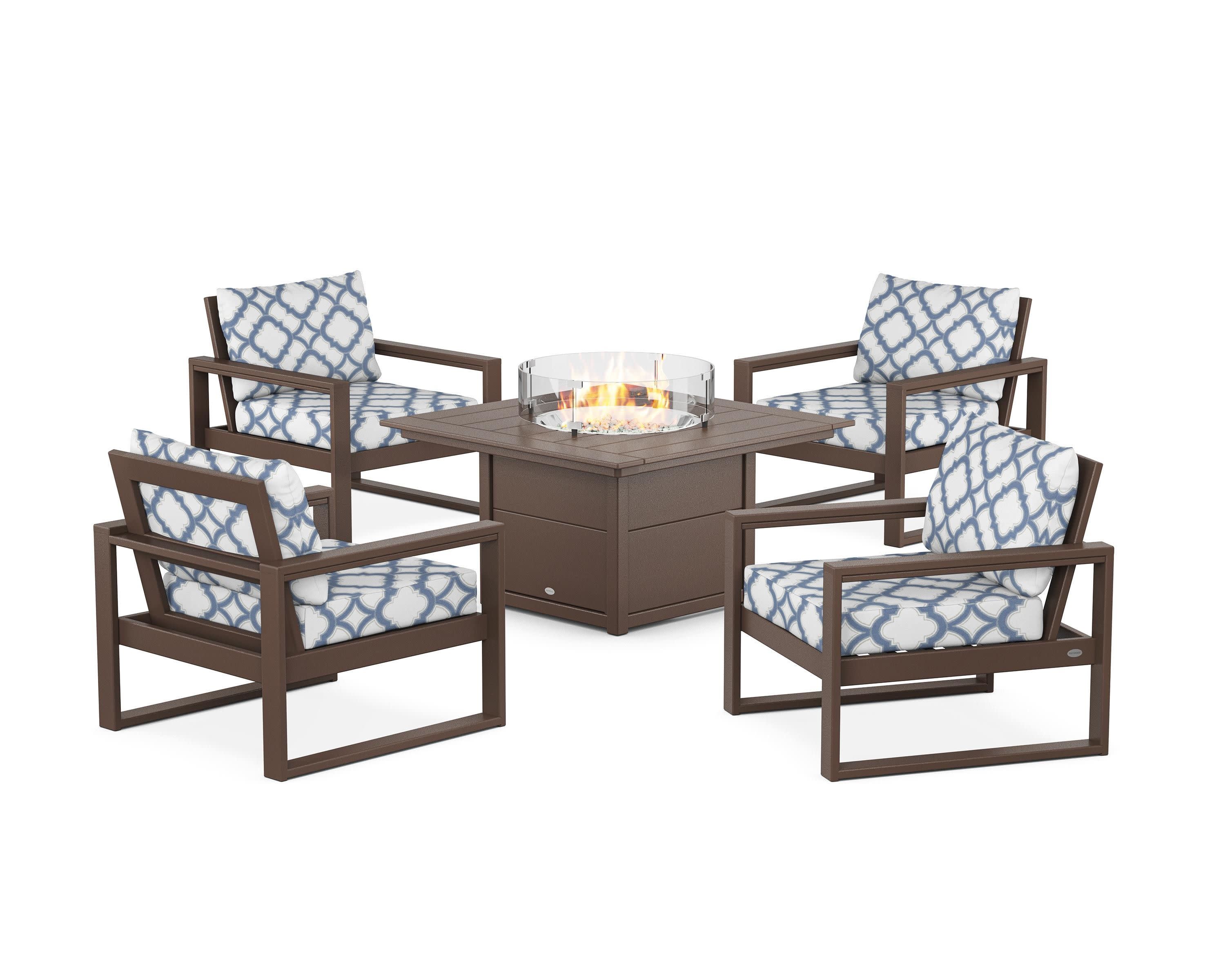 EDGE Sectional 5-Piece Deep Seating Set with Fire Pit Table in Mahogany / Trellis Sky Blue