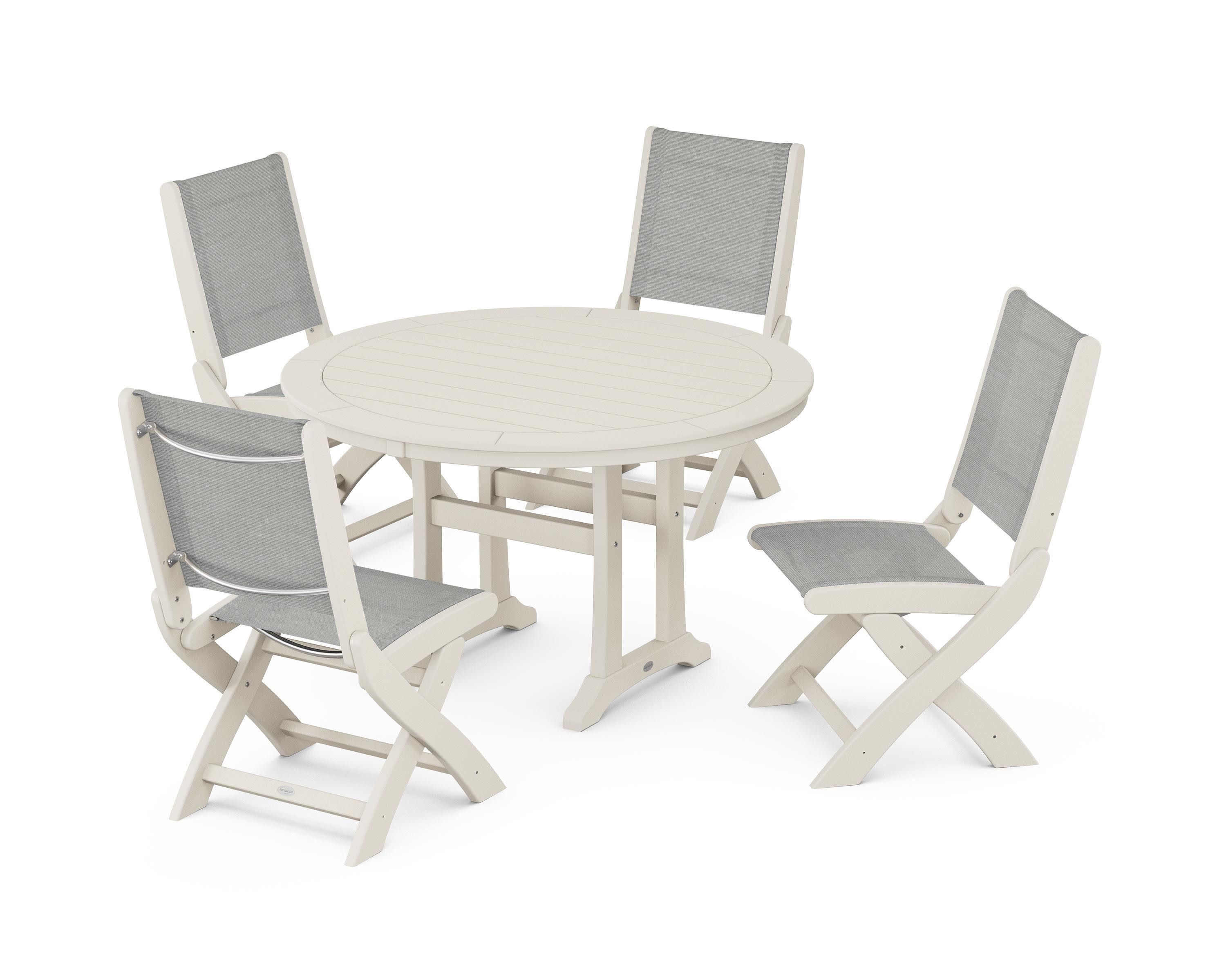 Coastal Folding Side Chair 5-Piece Round Dining Set With Trestle Legs in Sand / Metallic Sling