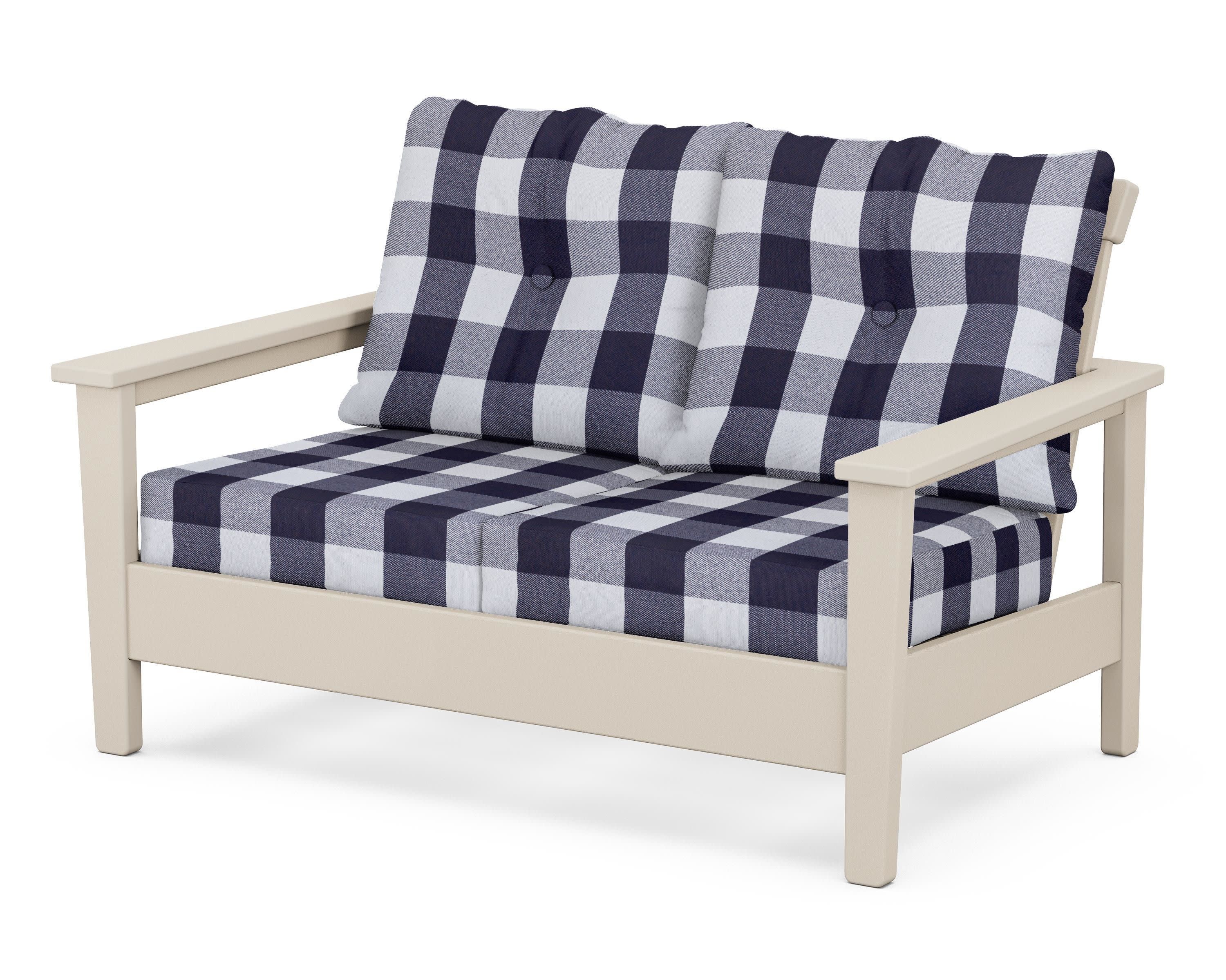 Prescott Deep Seating Loveseat in Sand / Buffalo Plaid Navy
