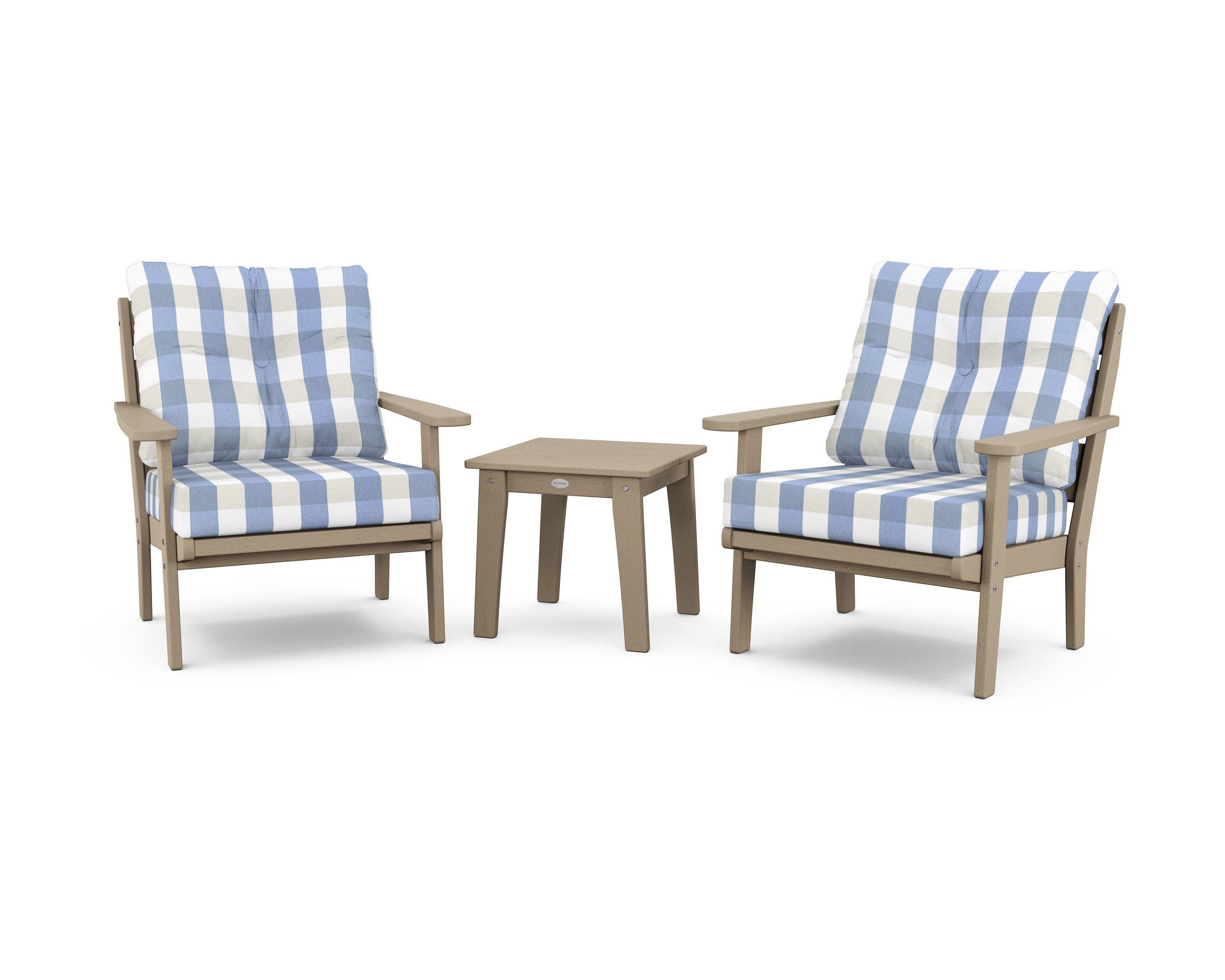 Lakeside 3-Piece Deep Seating Chair Set in Vintage Sahara / Buffalo Plaid Sky Blue