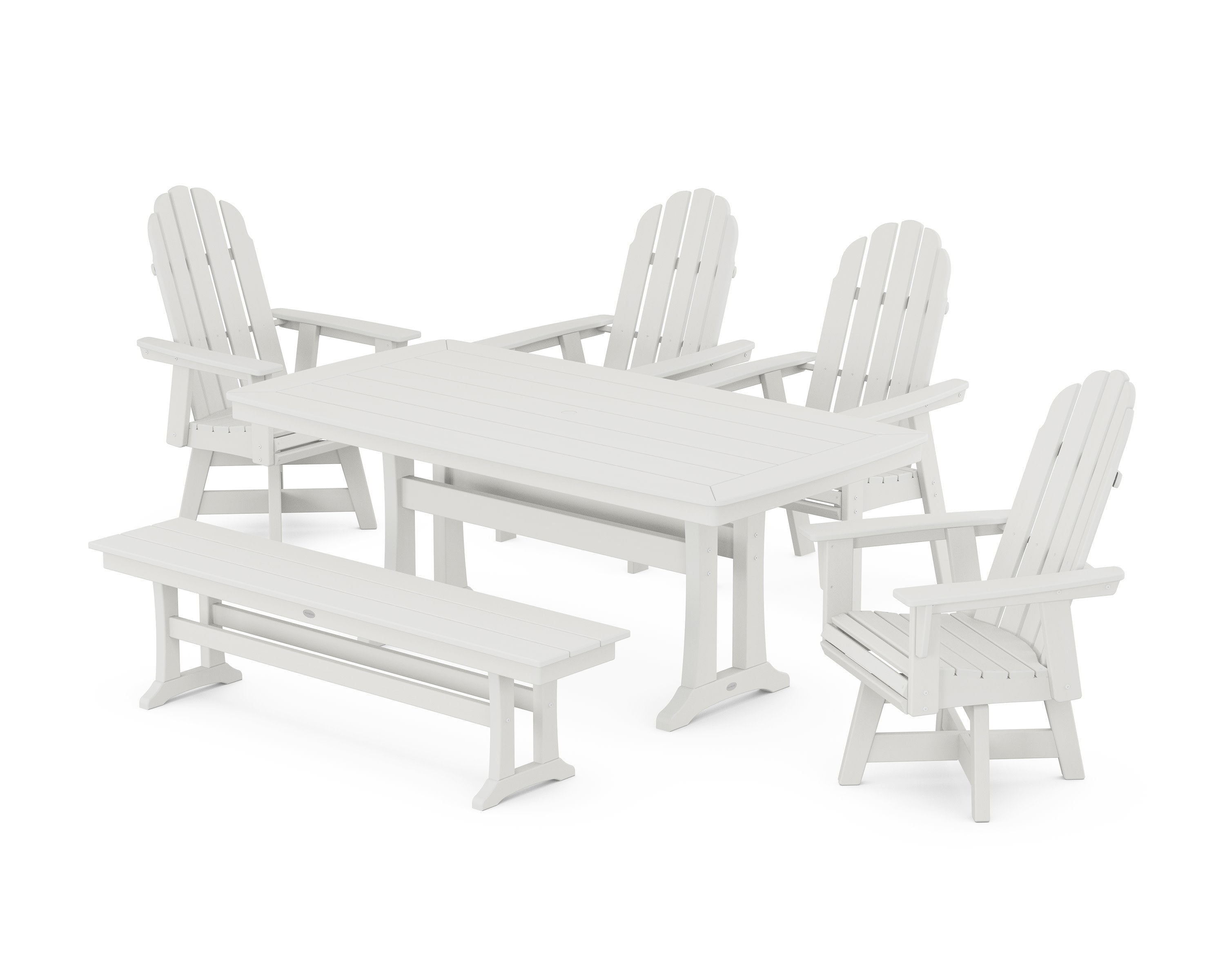 Vineyard Curveback Adirondack Swivel Chair 6-Piece Dining Set with Trestle Legs and Bench in Vintage White