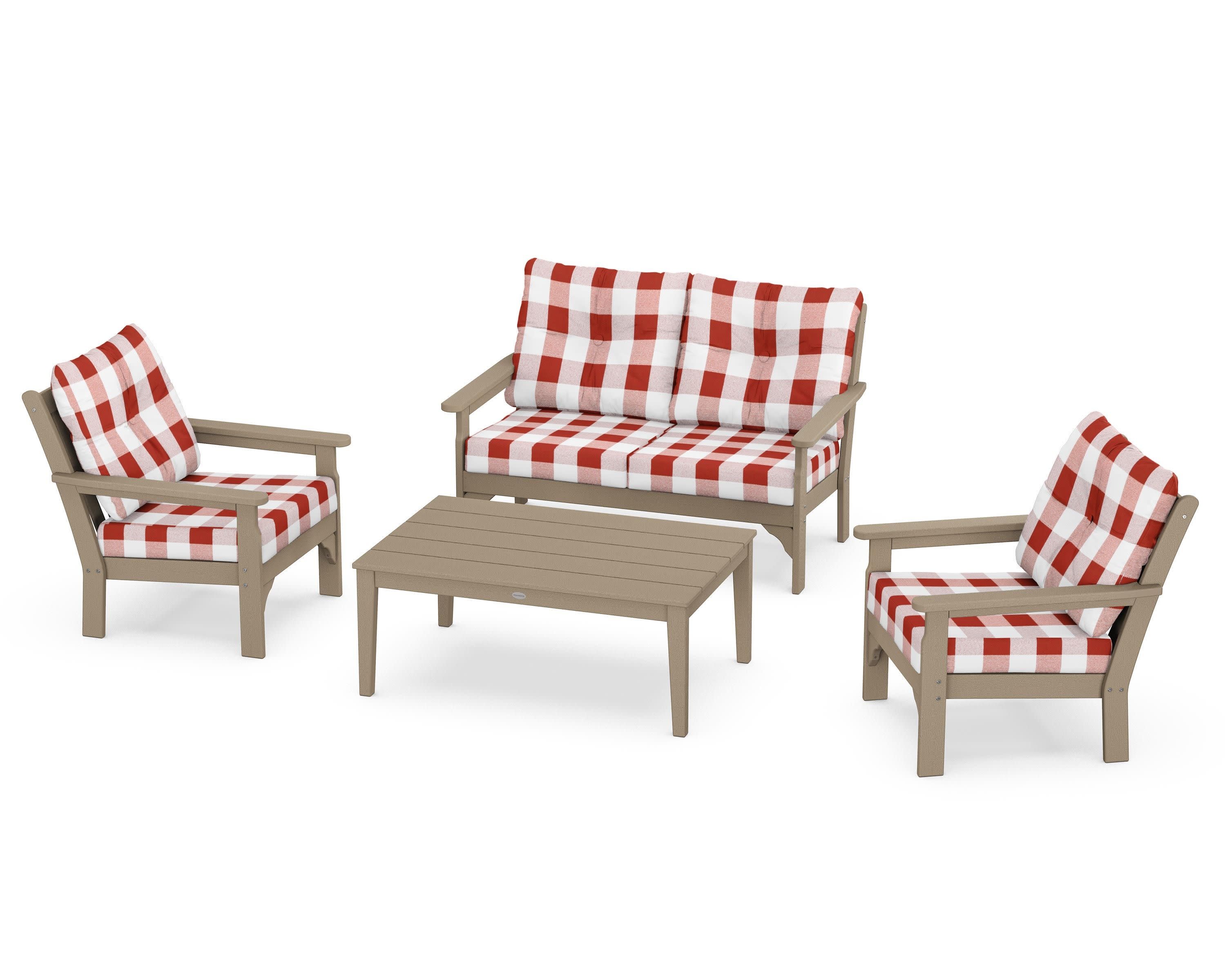 Vineyard 4-Piece Deep Seating Set in Vintage Sahara / Buffalo Plaid Crimson