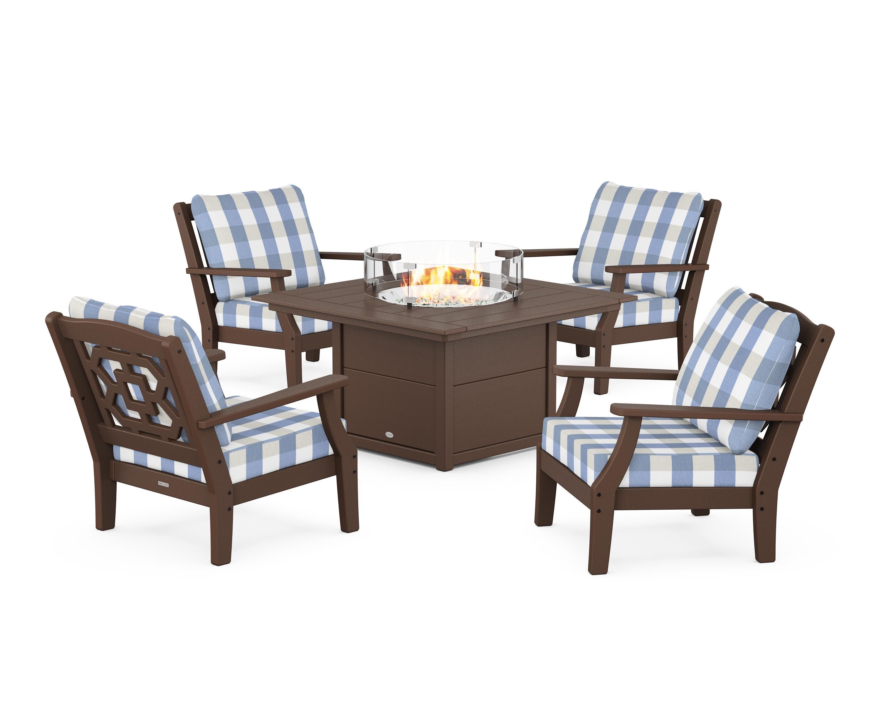 Chinoiserie 5-Piece Deep Seating Set with Fire Pit Table in Mahogany / Buffalo Plaid Sky Blue