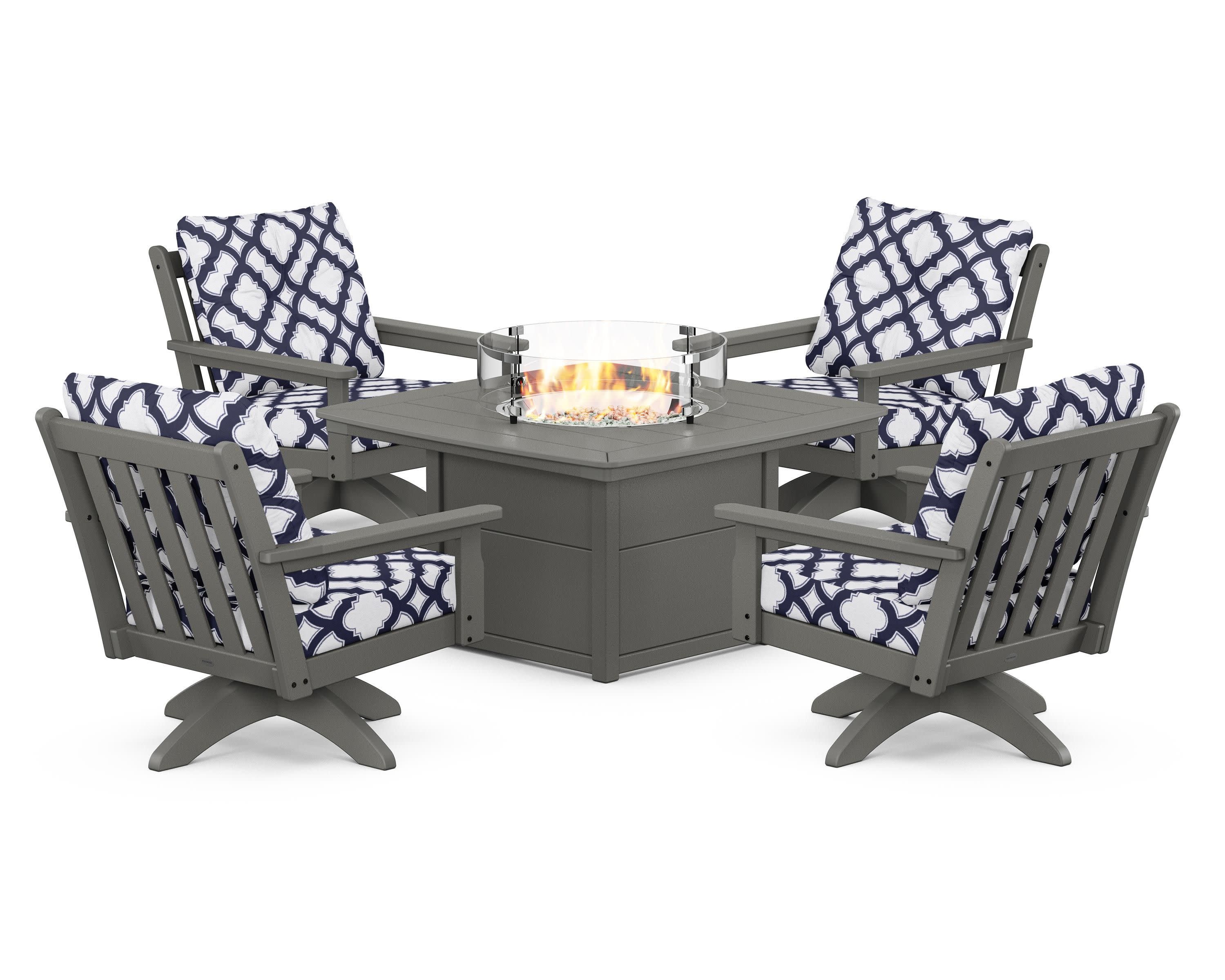 Vineyard 5-Piece Deep Seating Swivel Conversation Set with Fire Pit Table in Slate Grey / Trellis Navy