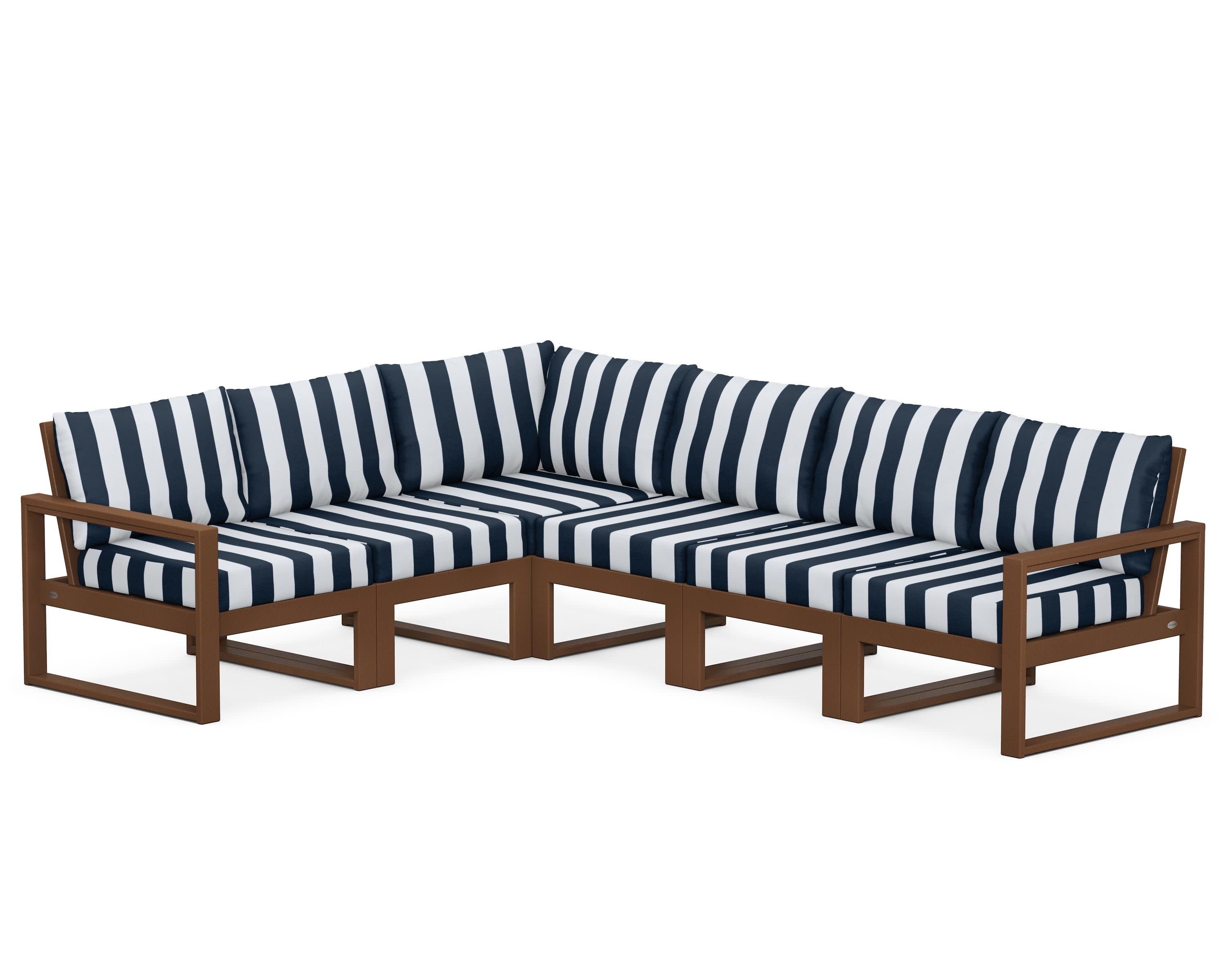 EDGE 6-Piece Modular Deep Seating Set in Teak / Cabana Stripe Marine Indigo