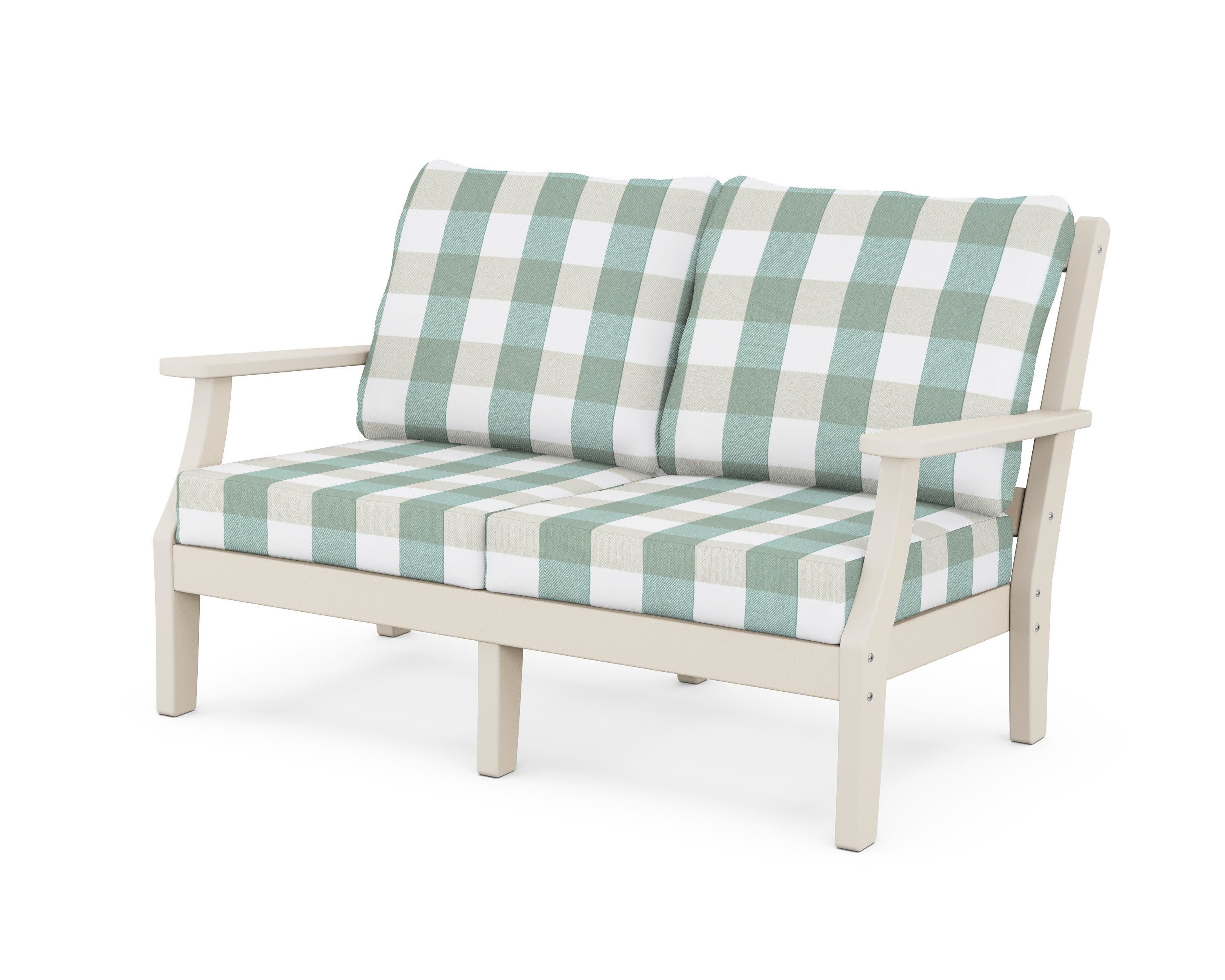 Chinoiserie Deep Seating Loveseat in Sand / Buffalo Plaid Glacier Spa