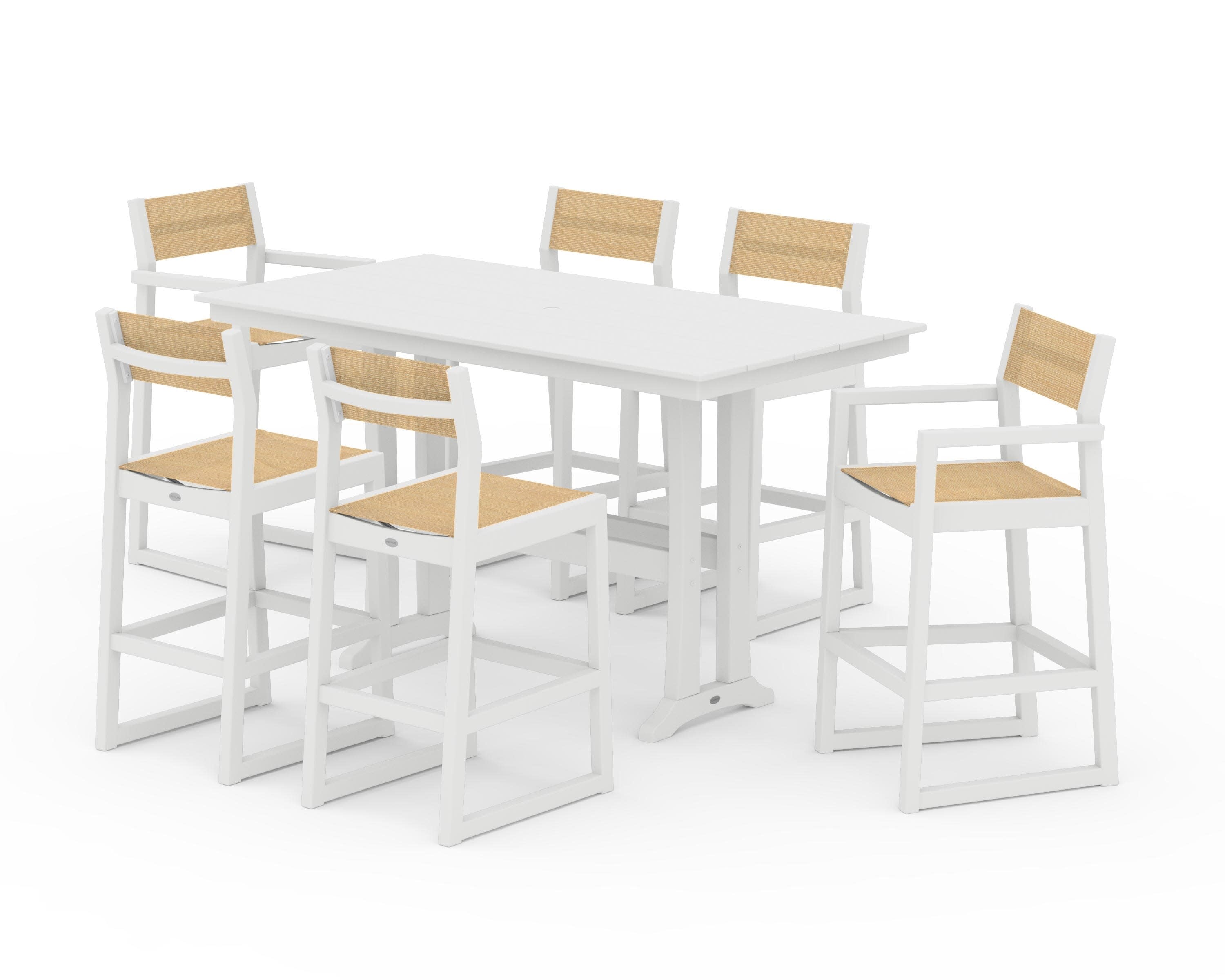 EDGE Sling 7-Piece Farmhouse Bar Set with Trestle Legs in White / Dupioni Apricot Sling