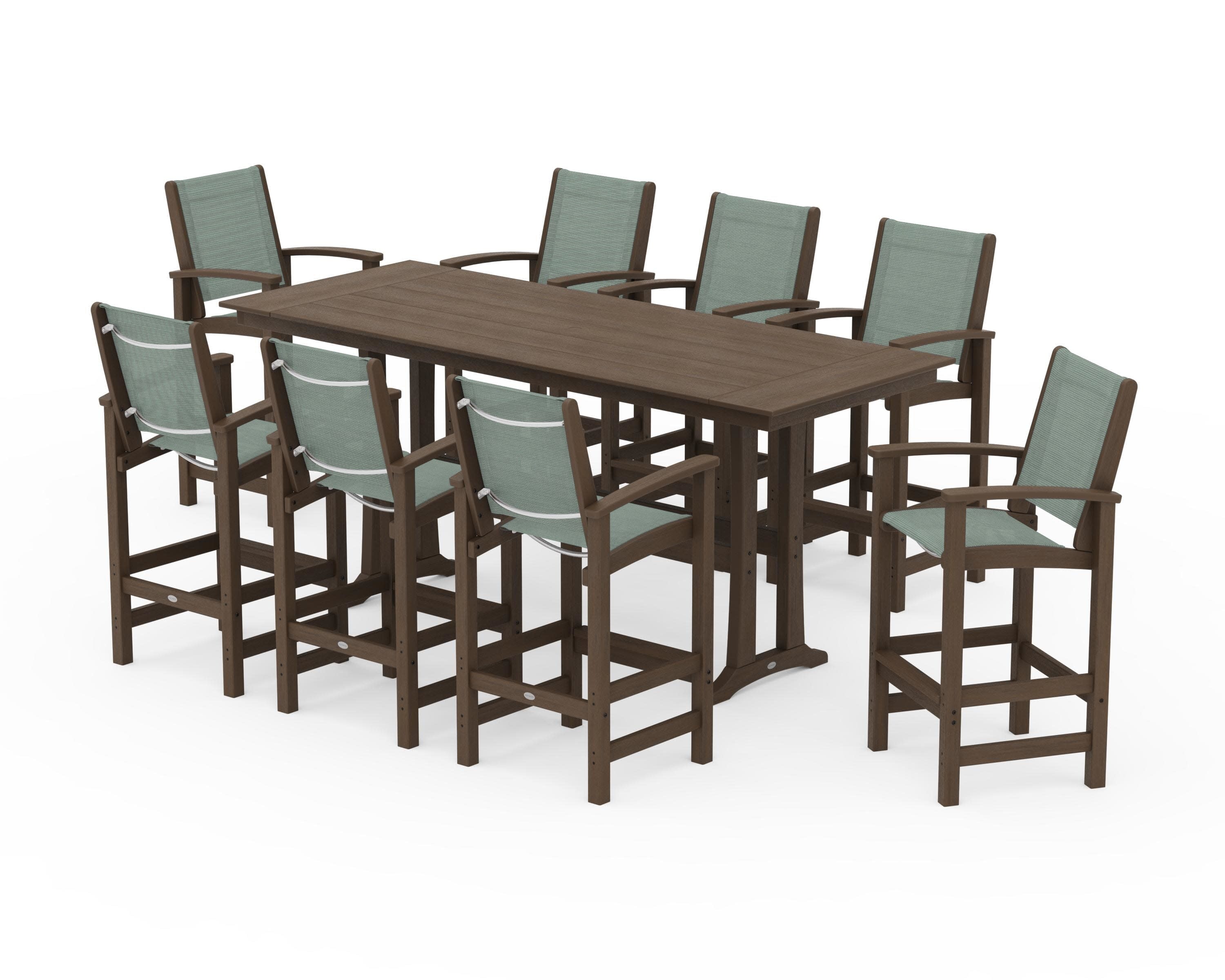 Coastal 9-Piece Farmhouse Bar Set with Trestle Legs in Kona / Dupioni Sea Mist Sling