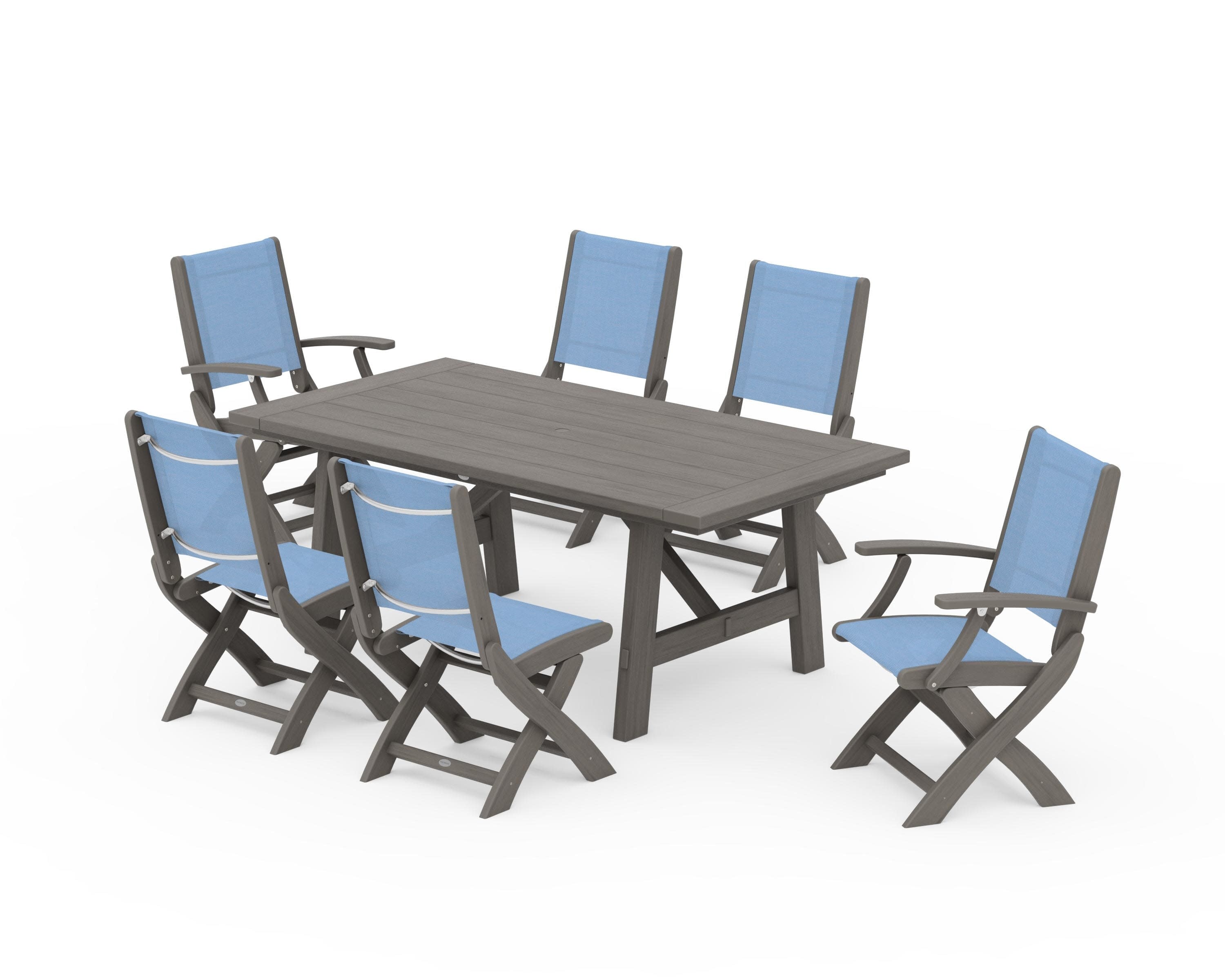 Coastal Folding Chair 7-Piece Rustic Farmhouse Dining Set in Driftwood / Poolside Sling