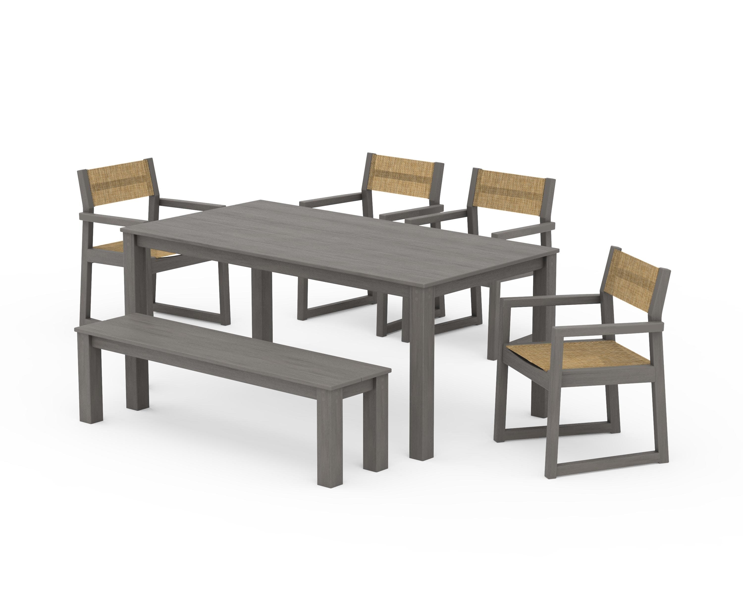EDGE Sling Arm Chair 6-Piece Parsons Dining Set with Bench in Driftwood / Burlap Sling