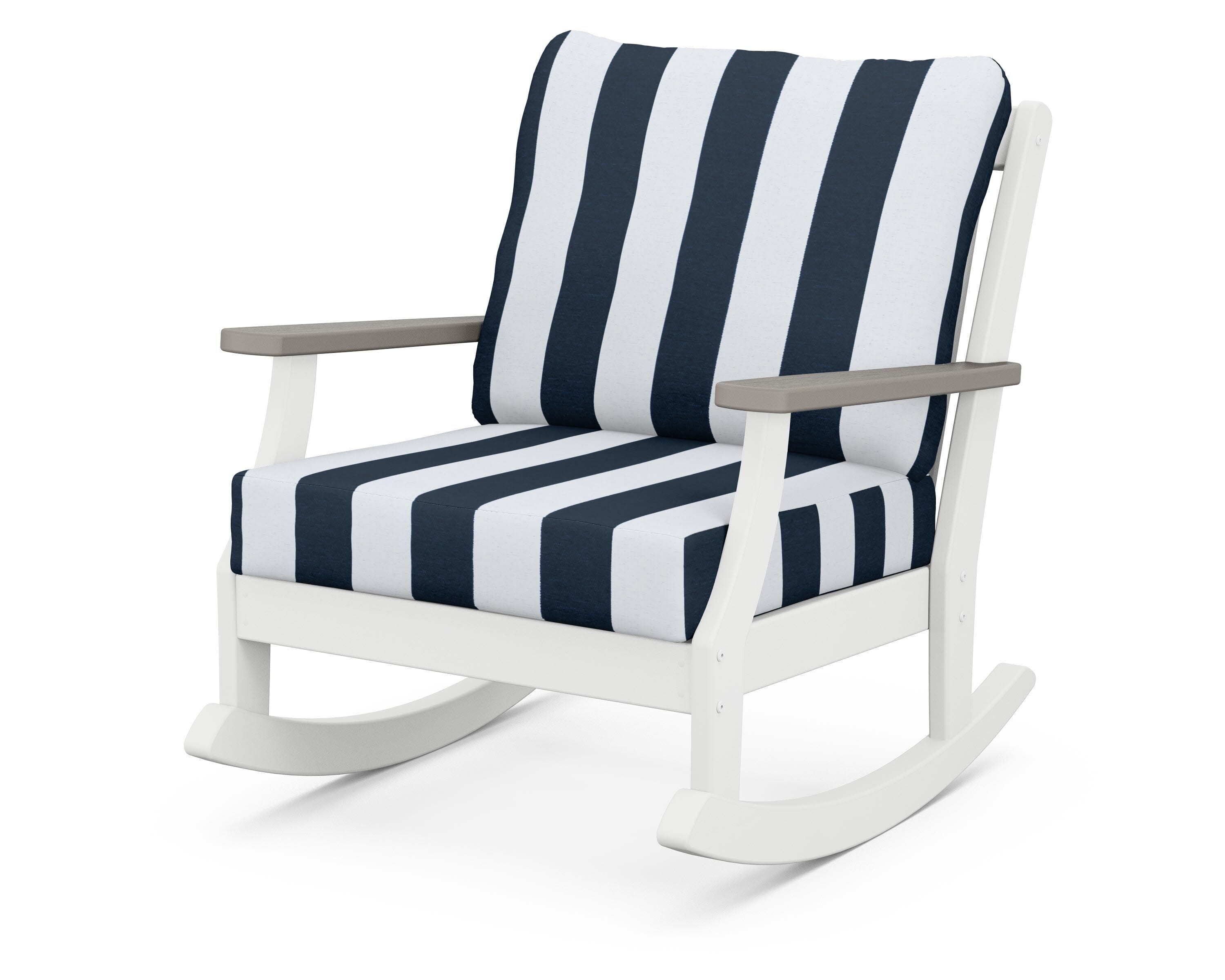 Braxton Deep Seating Rocking Chair in White / Driftwood / Cabana Stripe Marine Indigo