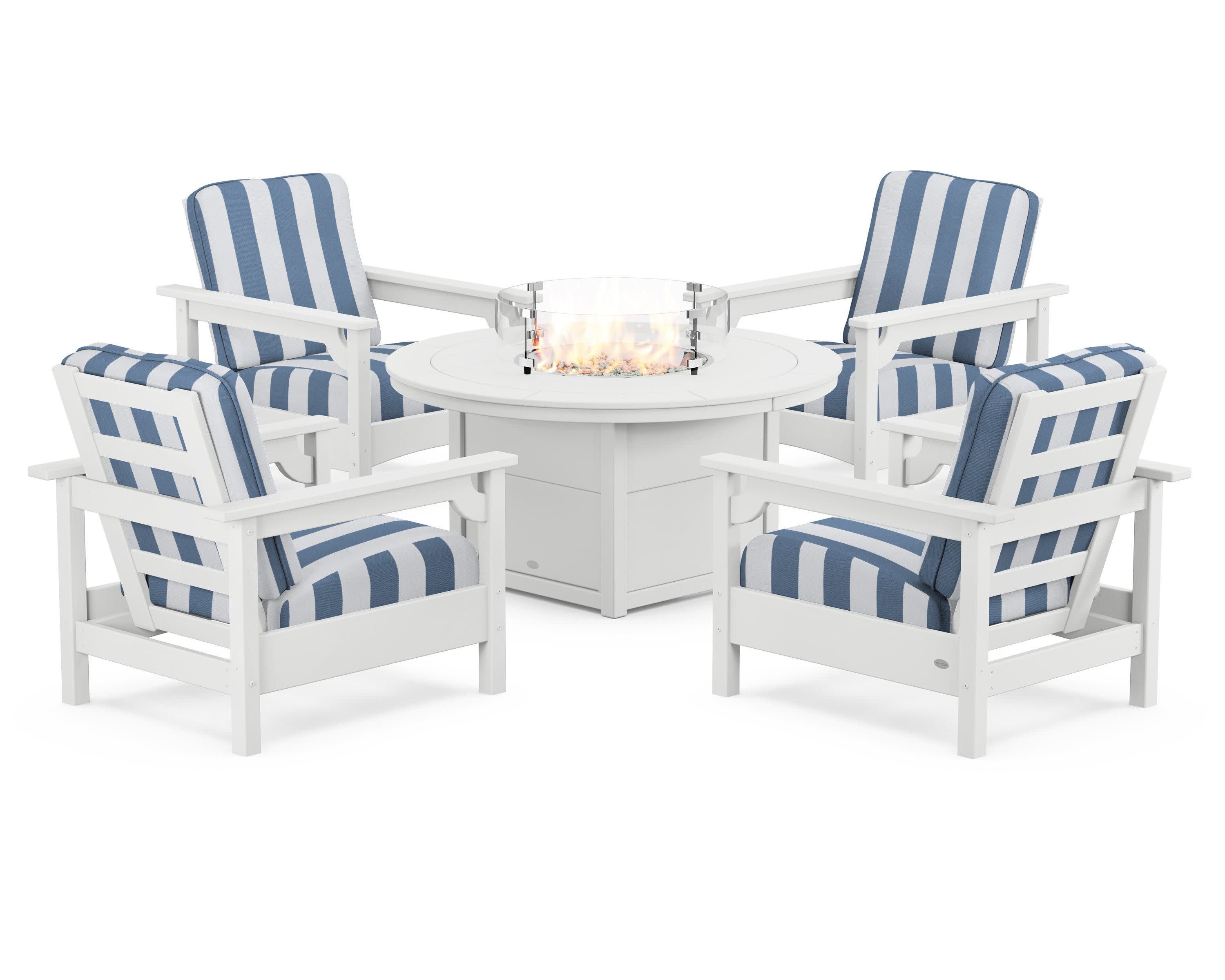 Club 5-Piece Conversation Set with Fire Pit Table in White / Cabana Stripe Sky Blue
