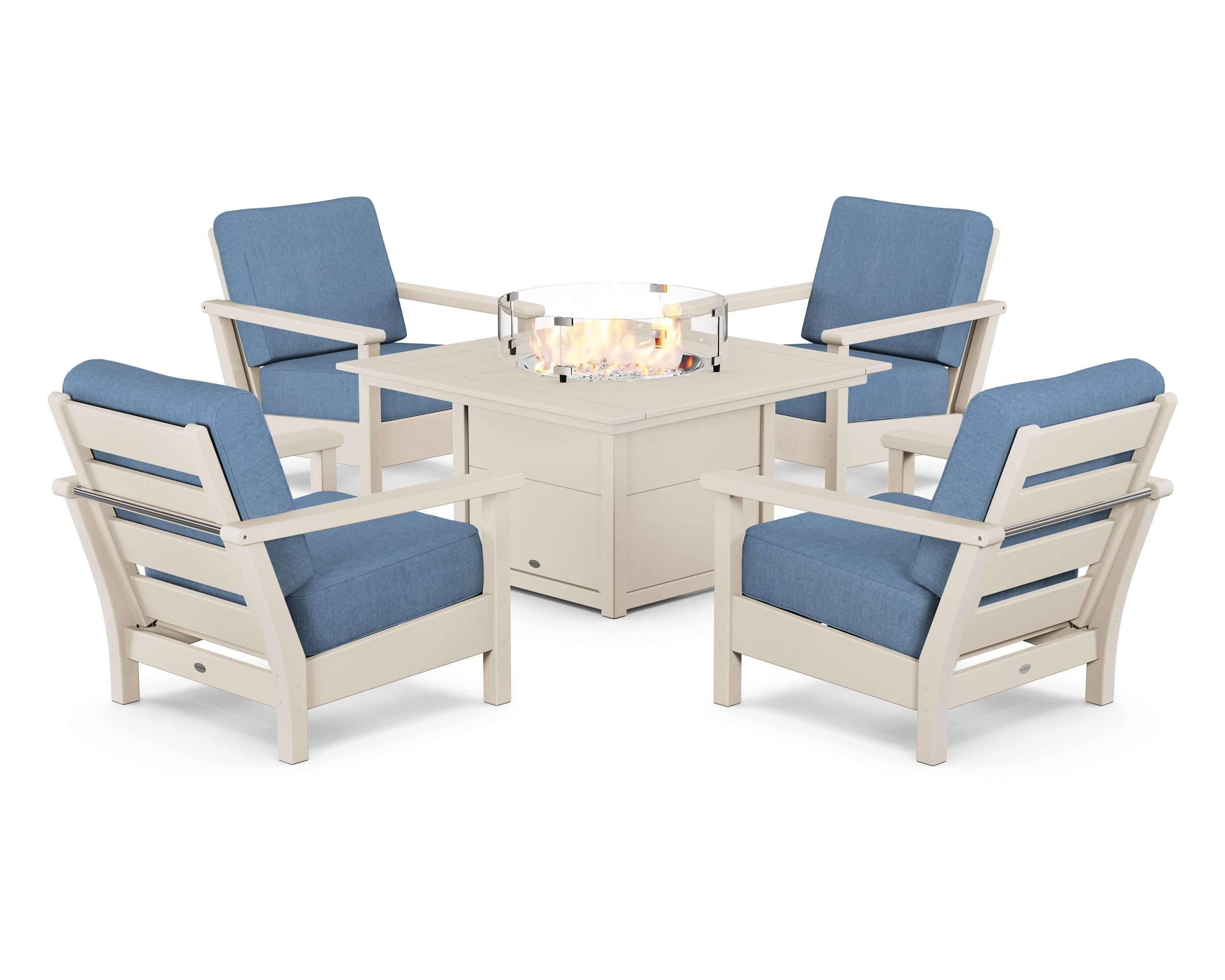 Harbour 5-Piece Conversation Set with Fire Pit Table in Sand / Sky Blue