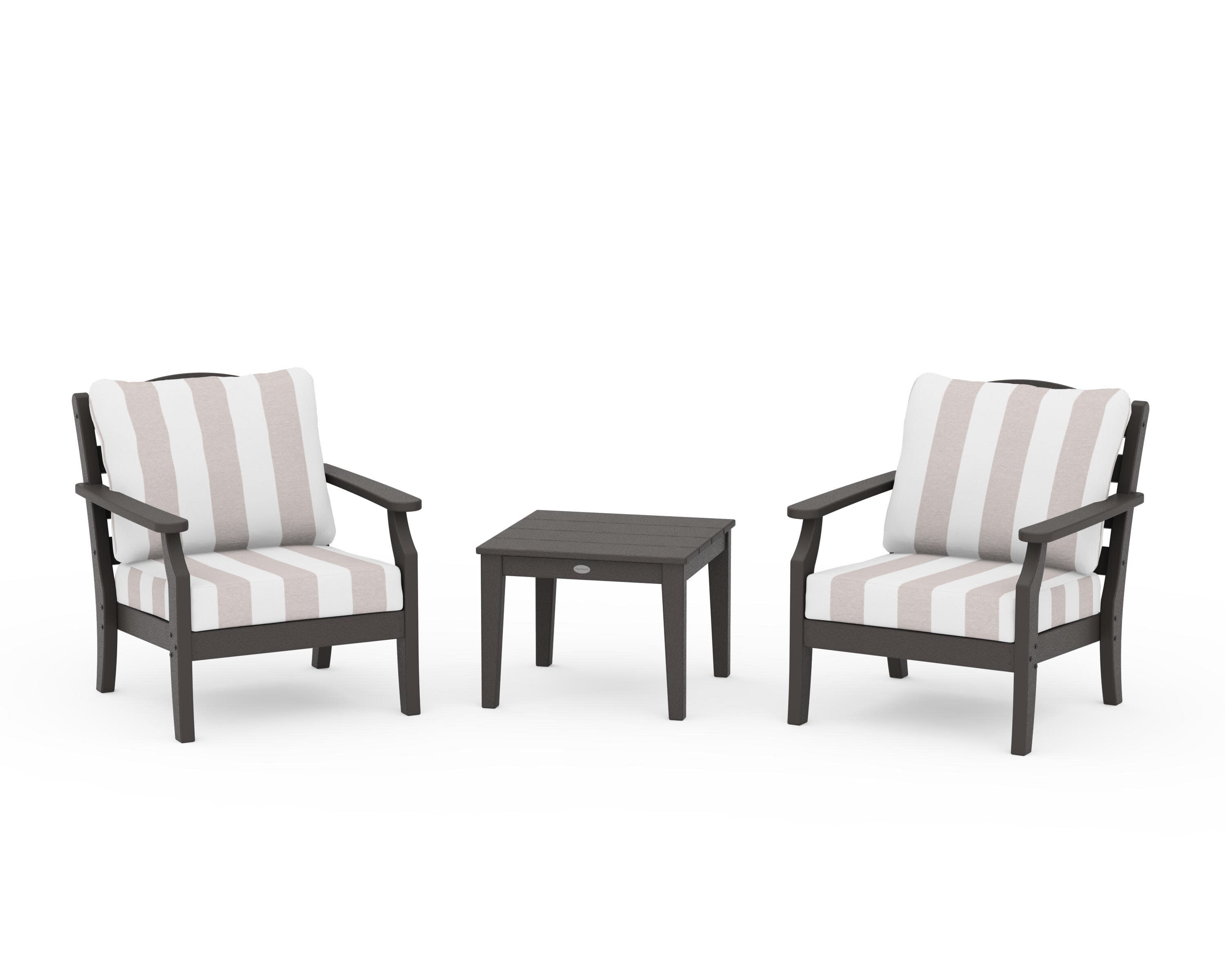 Savannah 3-Piece Deep Seating Set in Vintage Coffee / Cabana Stripe Dune Burlap