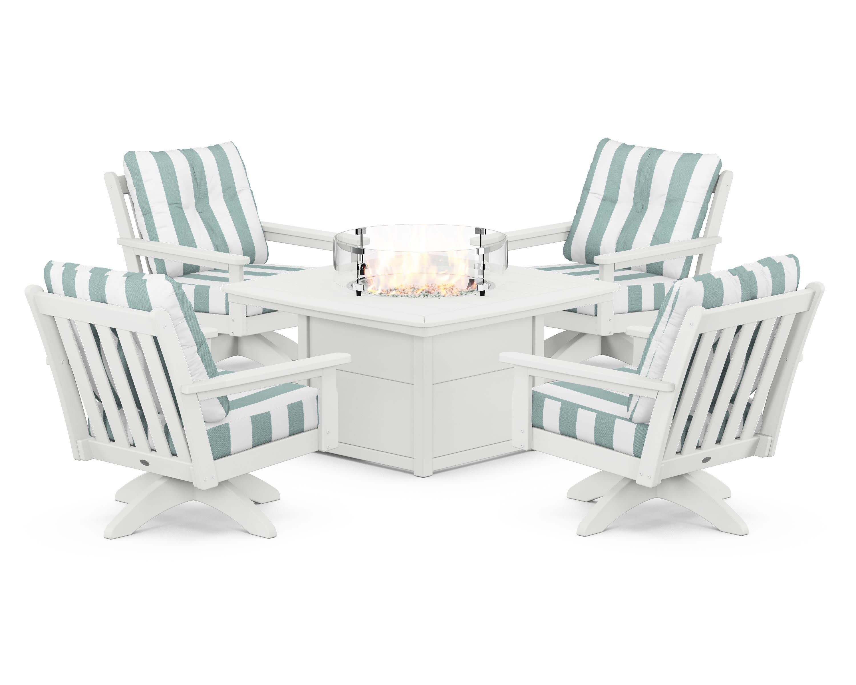 Vineyard 5-Piece Deep Seating Swivel Conversation Set with Fire Pit Table in White / Cabana Stripe Glacier Spa