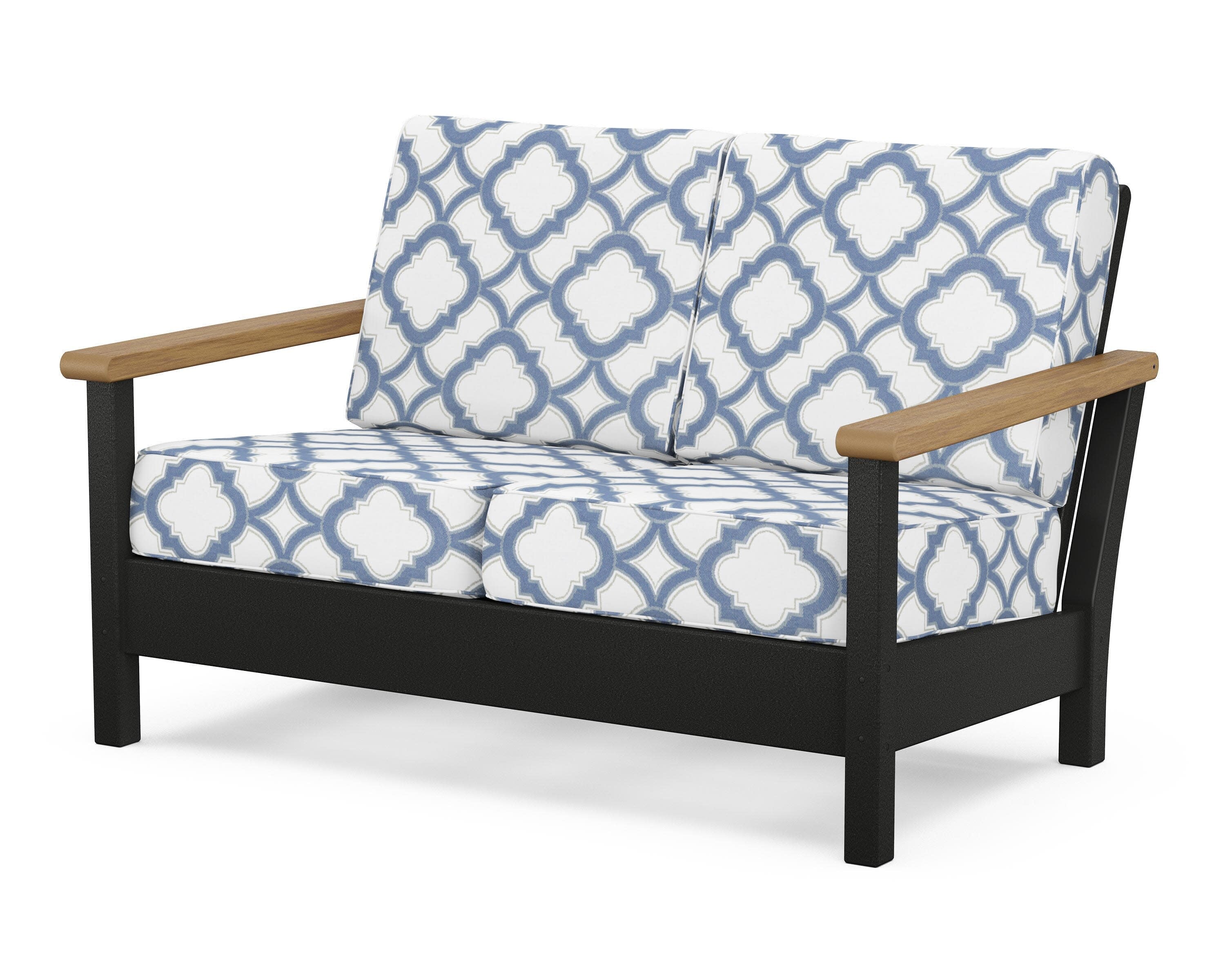 Harbour Deep Seating Loveseat in Black / Natural / Trellis Sky Blue