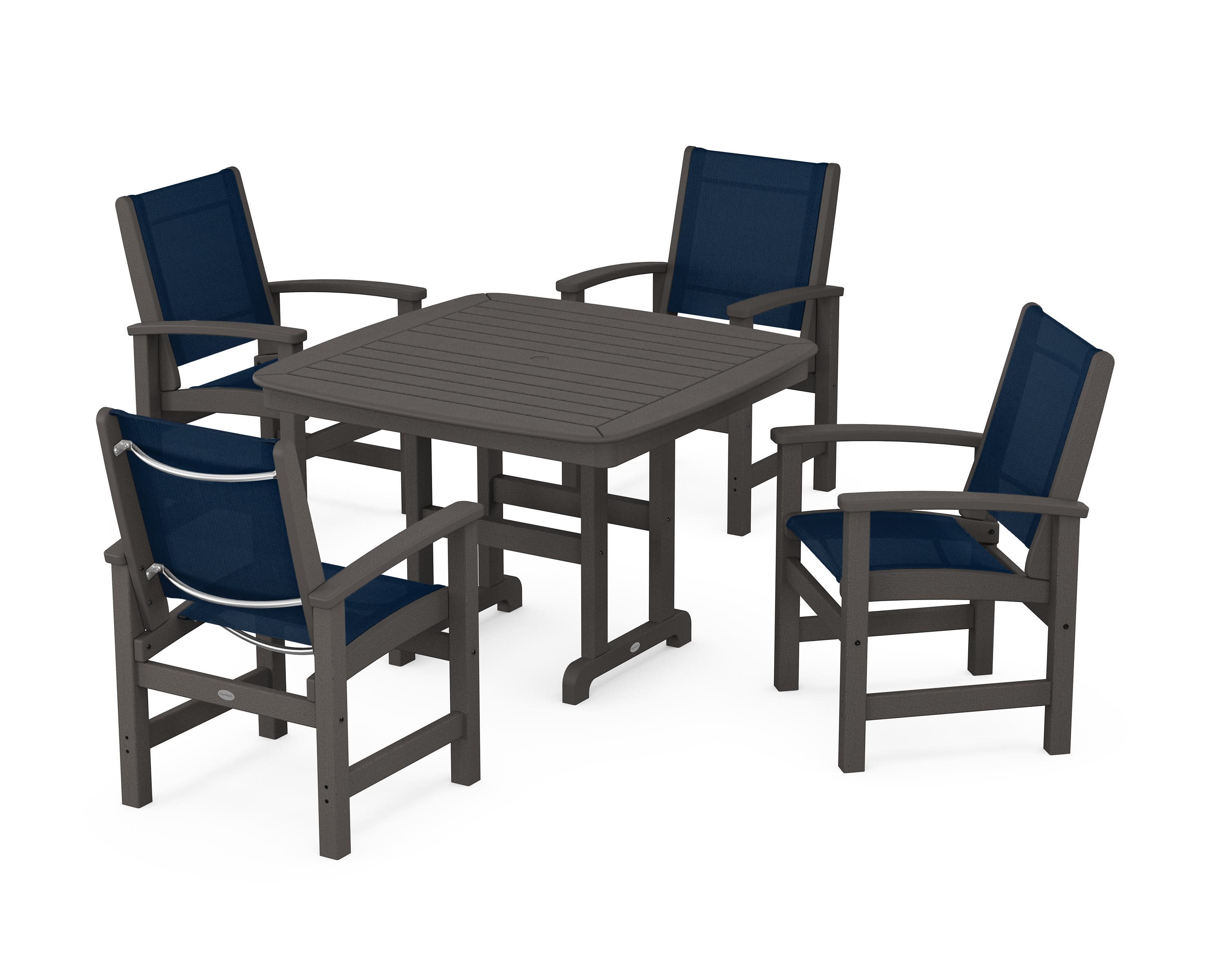 Coastal 5-Piece Dining Set in Vintage Coffee / Navy Blue Sling