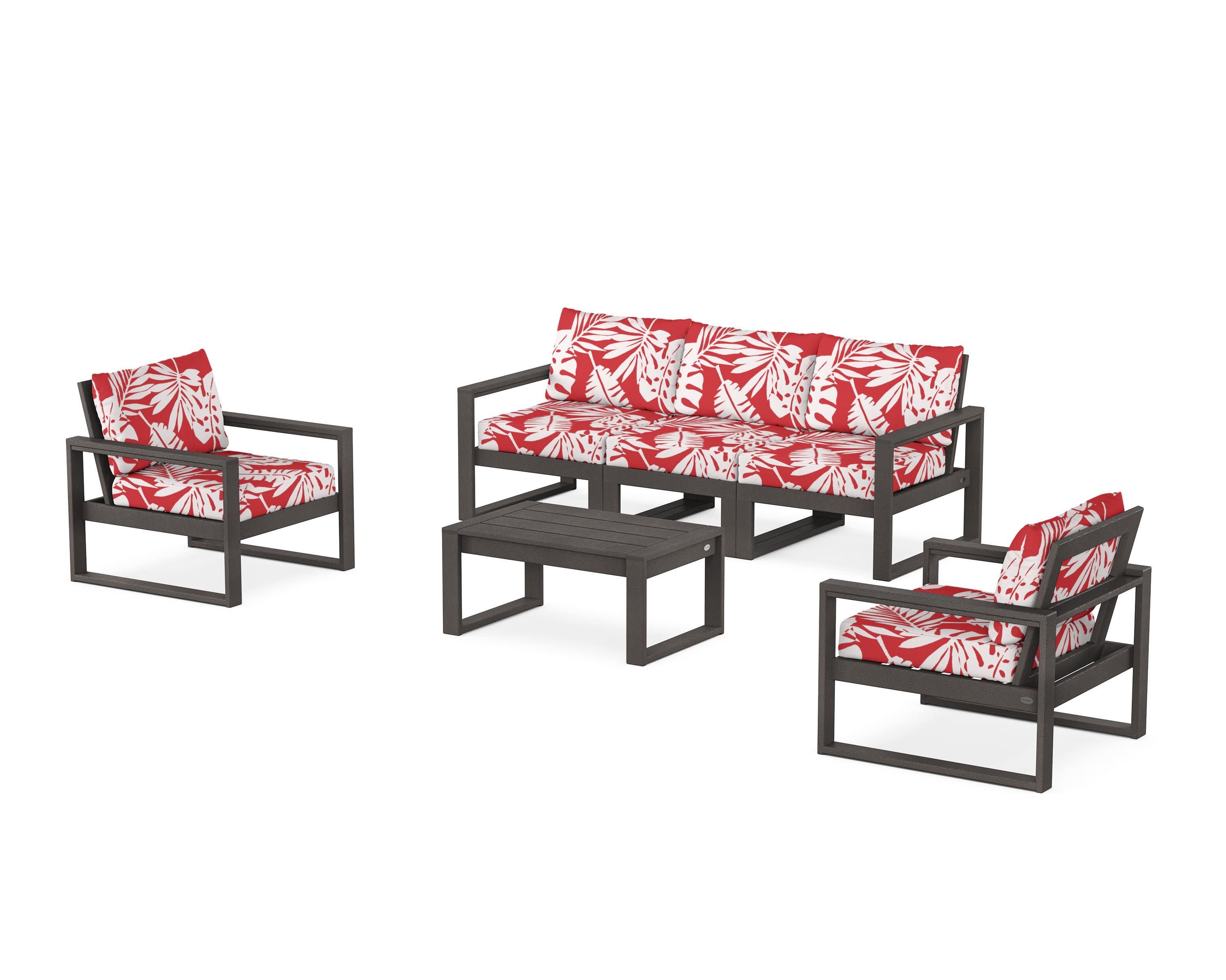 EDGE Sectional 4-Piece Deep Seating Set with Sofa in Vintage Coffee / Leaf Crimson
