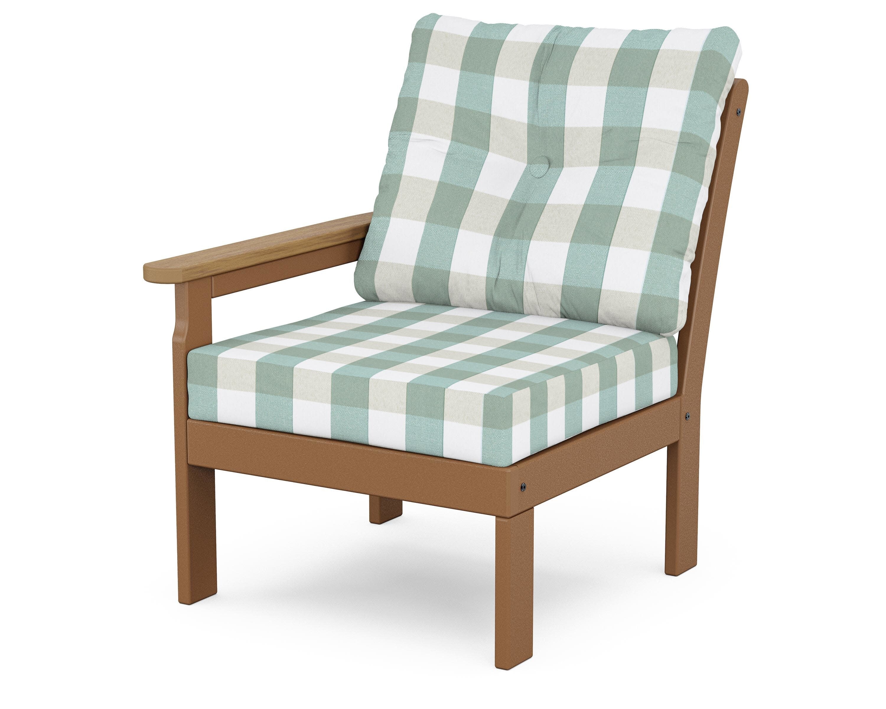 Vineyard Modular Left Arm Chair in Teak / Natural / Buffalo Plaid Glacier Spa