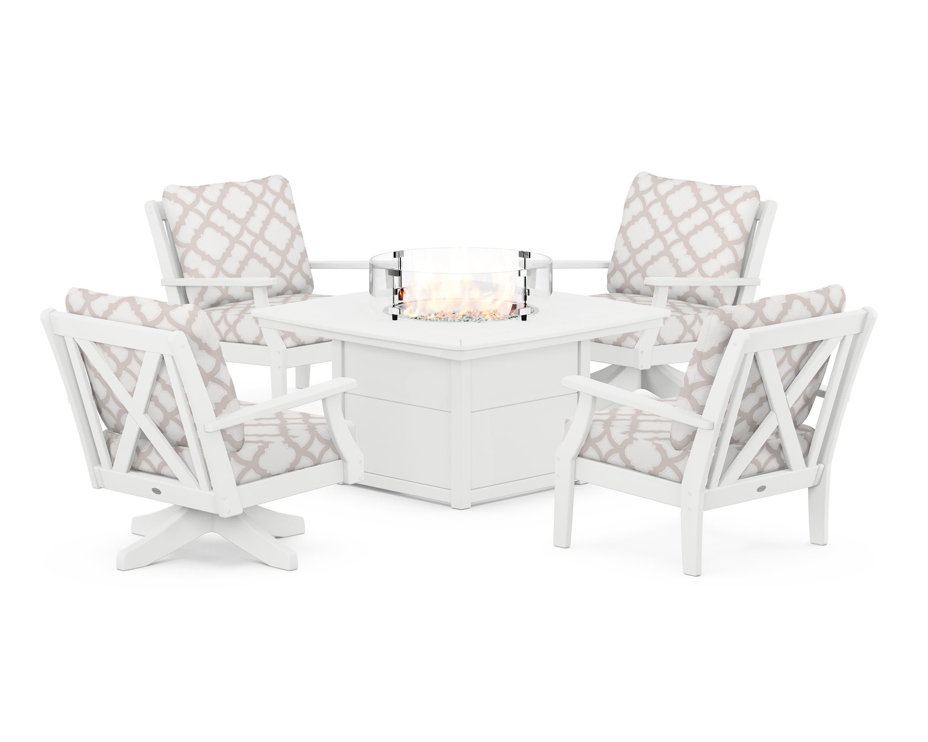 Braxton 5-Piece Deep Seating Set with Fire Table in White / Trellis Dune Burlap