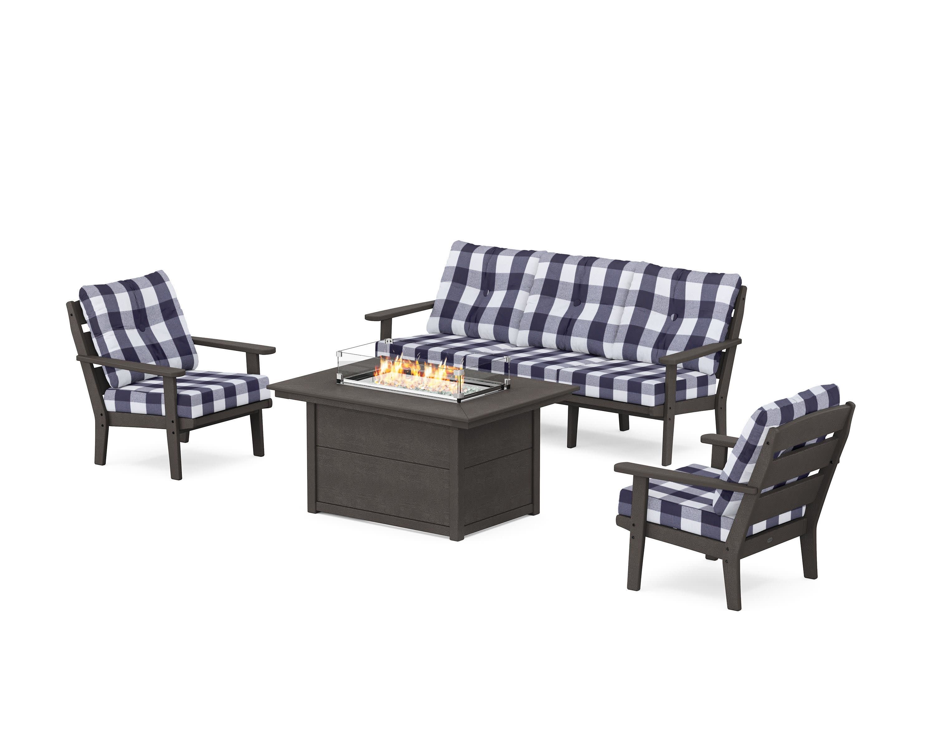 Lakeside Deep Seating Fire Pit Table Set in Vintage Coffee / Buffalo Plaid Navy